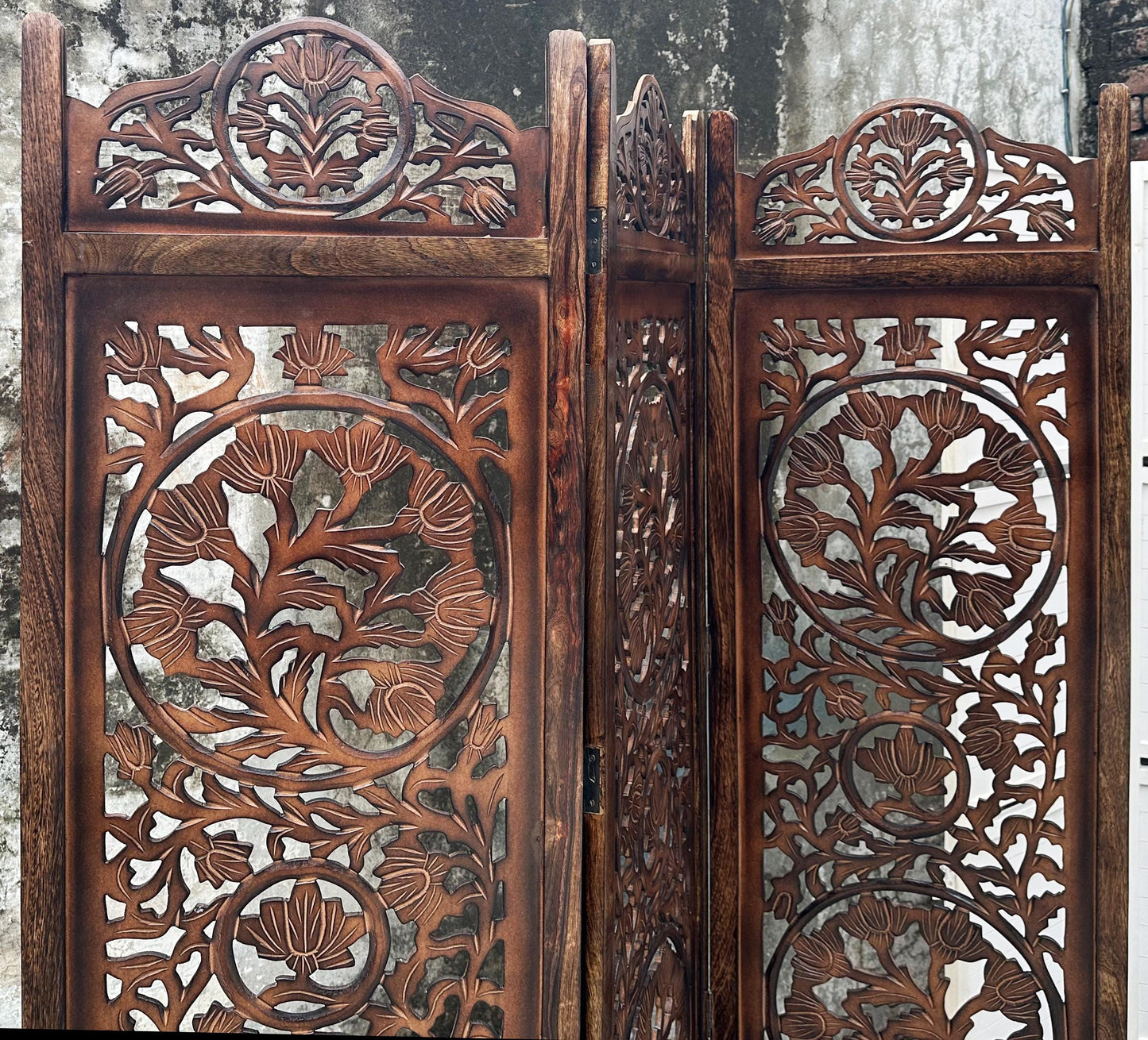 Handmade Lotus Wood Folding Room Divider: Brown Partition Screen