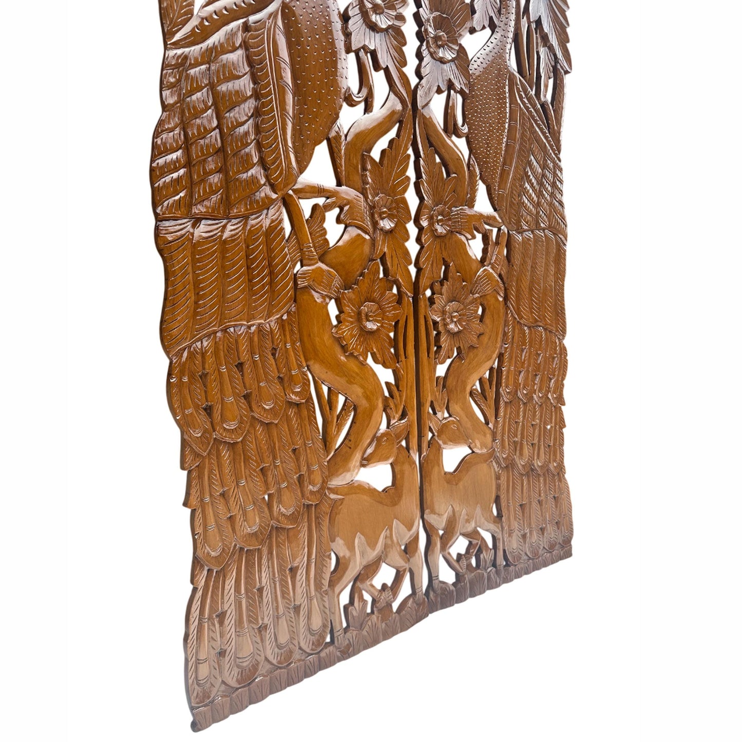 Mid-Century Modern Carved Wood Wall Panels: Peacock & Deer Art, Set of 2