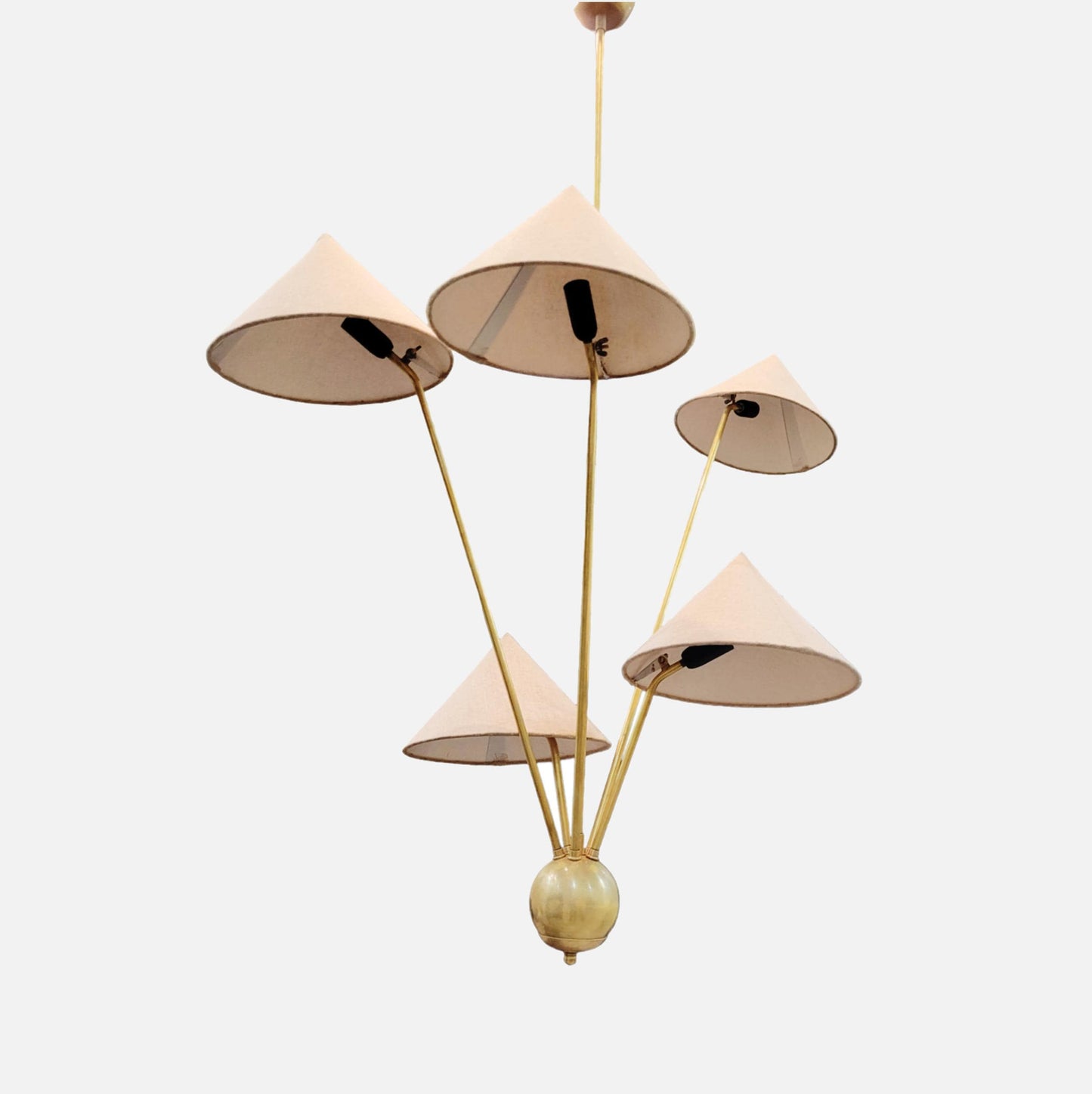 Raw Brass Mid-Century Chandelier: 5 Fabric Shade Ceiling Light