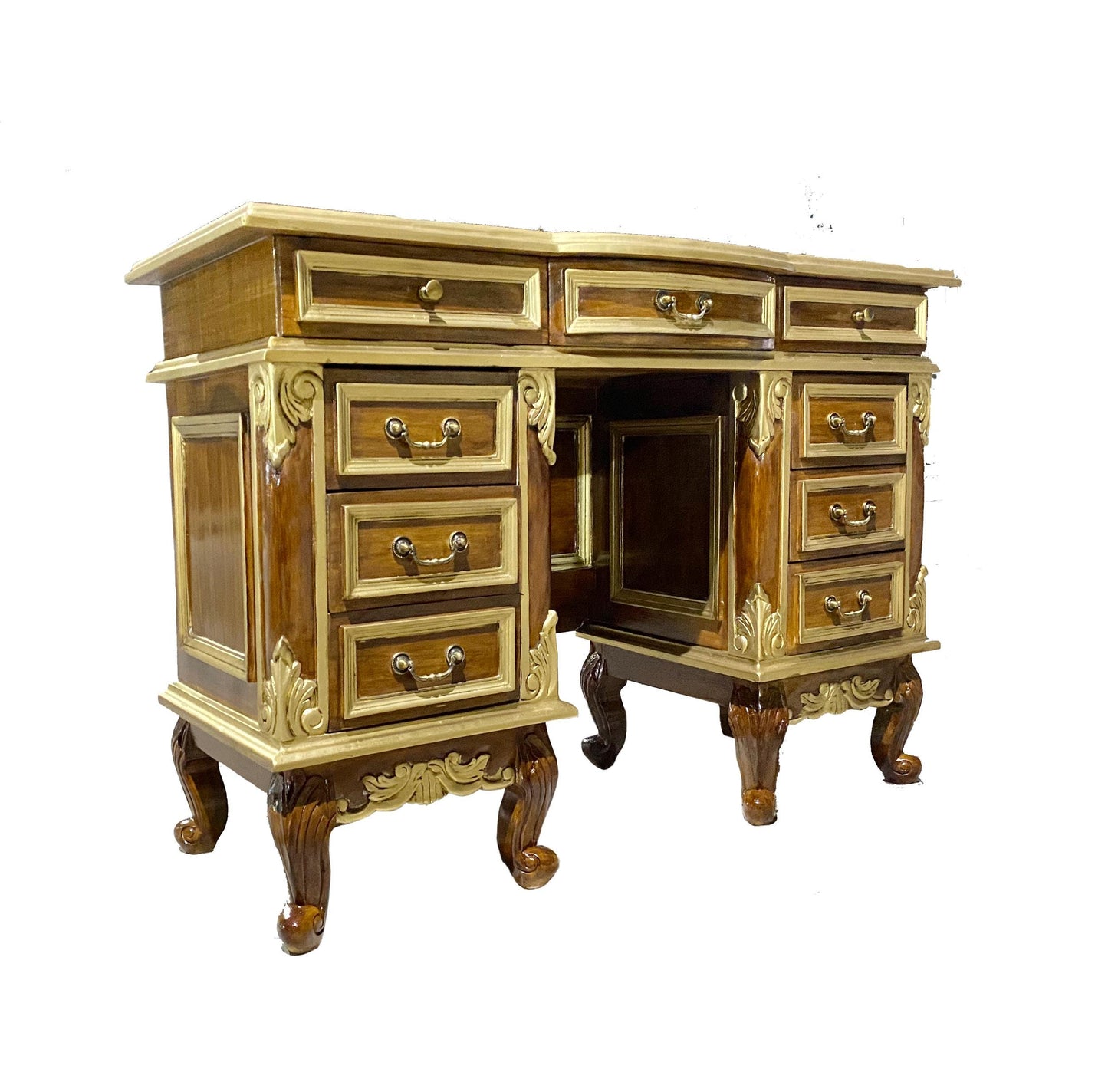 Hand Carved Teak Console Table: Mid-Century Modern Brown & Gold Accent