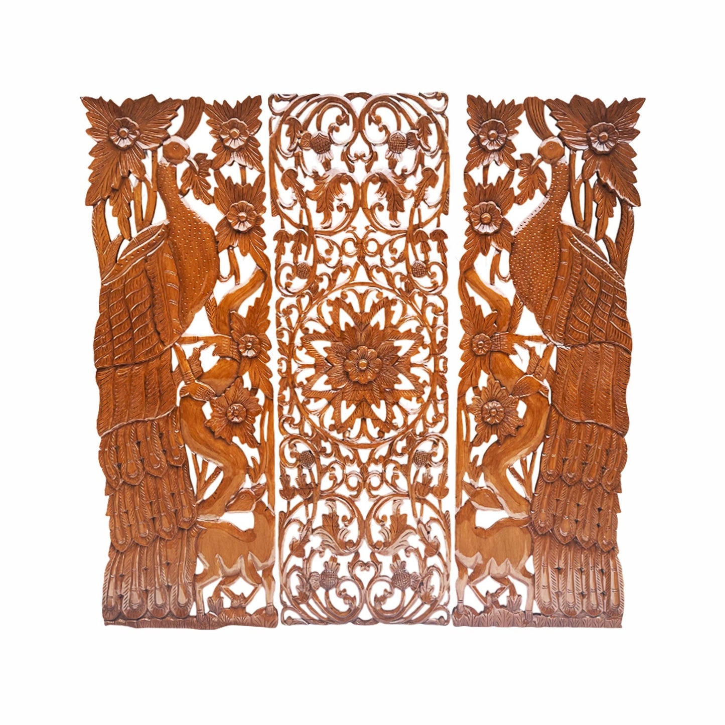 Hand Carved Wood Peacock & Flower Wall Decor - 7 ft Brown Hanging Fixture