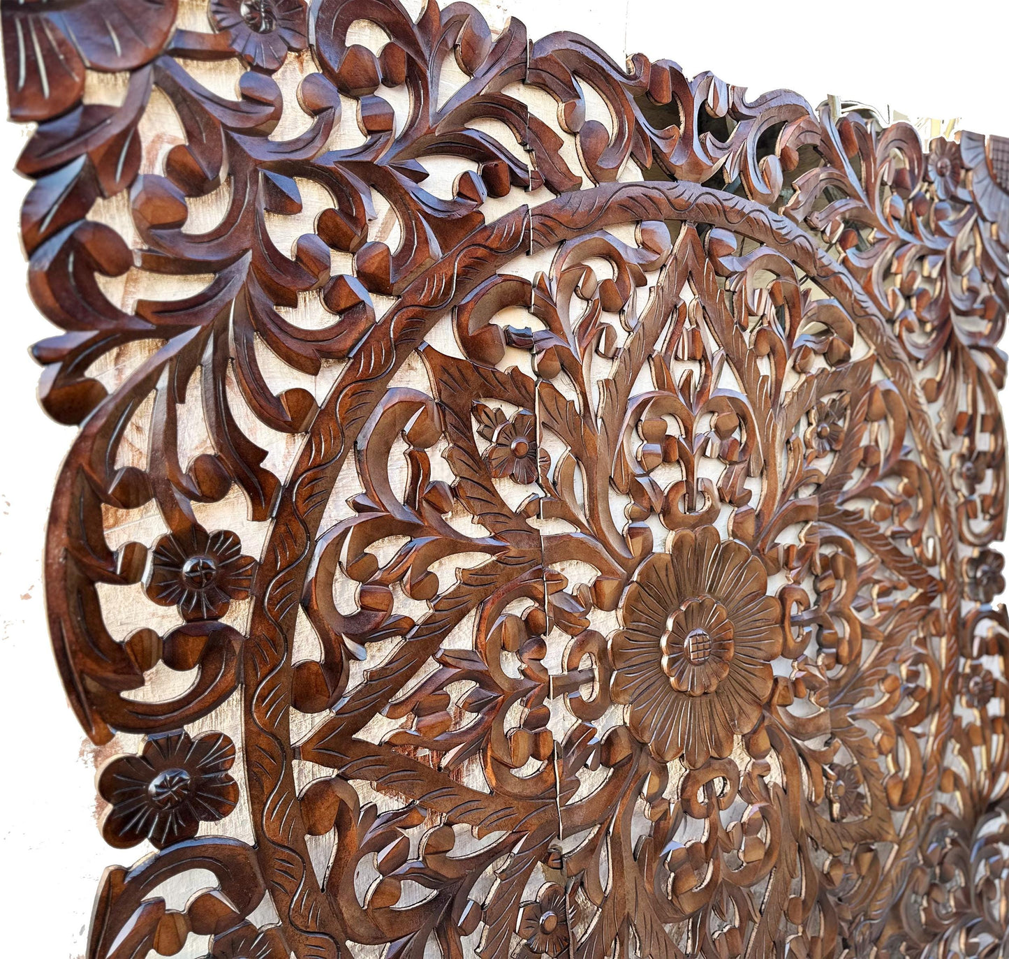 Mid century Wooden Hanging Fixture, Handmade Large Brown Carving Wall décor, mandola Arts