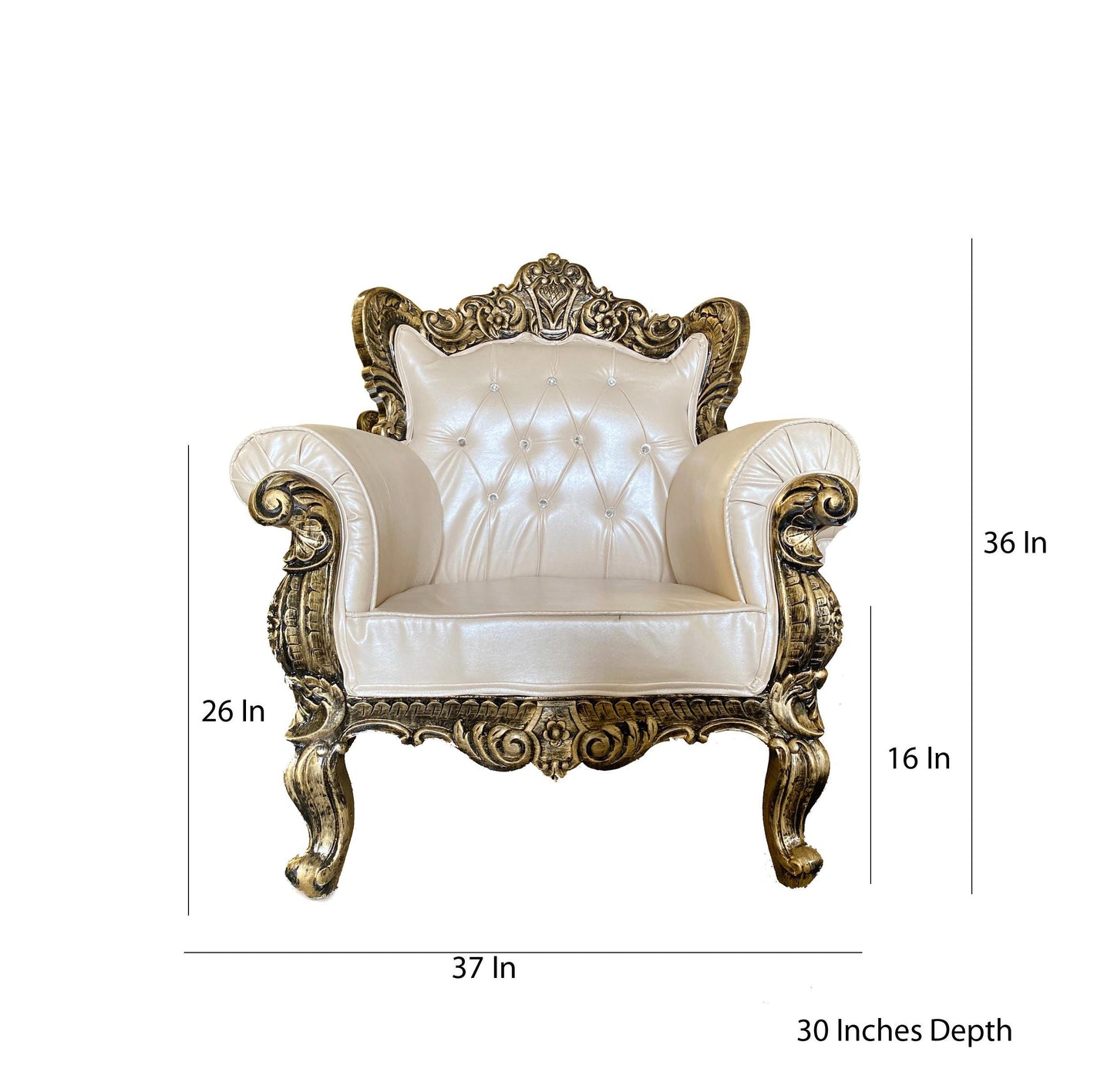 Hand Carved Louis XVI Sofa: Rustic Gold Teak, Cream Upholstery