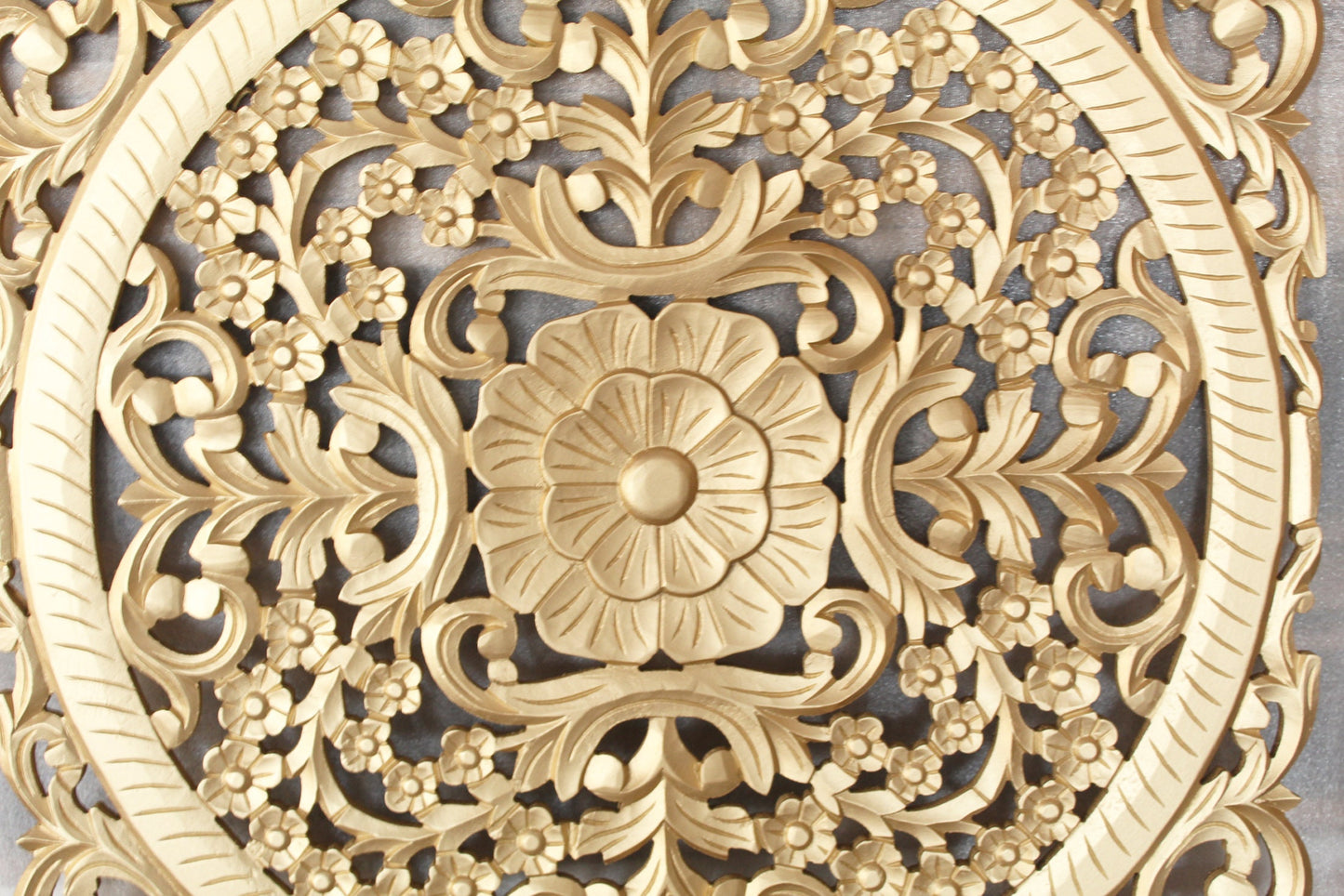 Mid century Gold Wooden Hanging Fixture, Handmade Large Carving Wall décor, mandola Arts