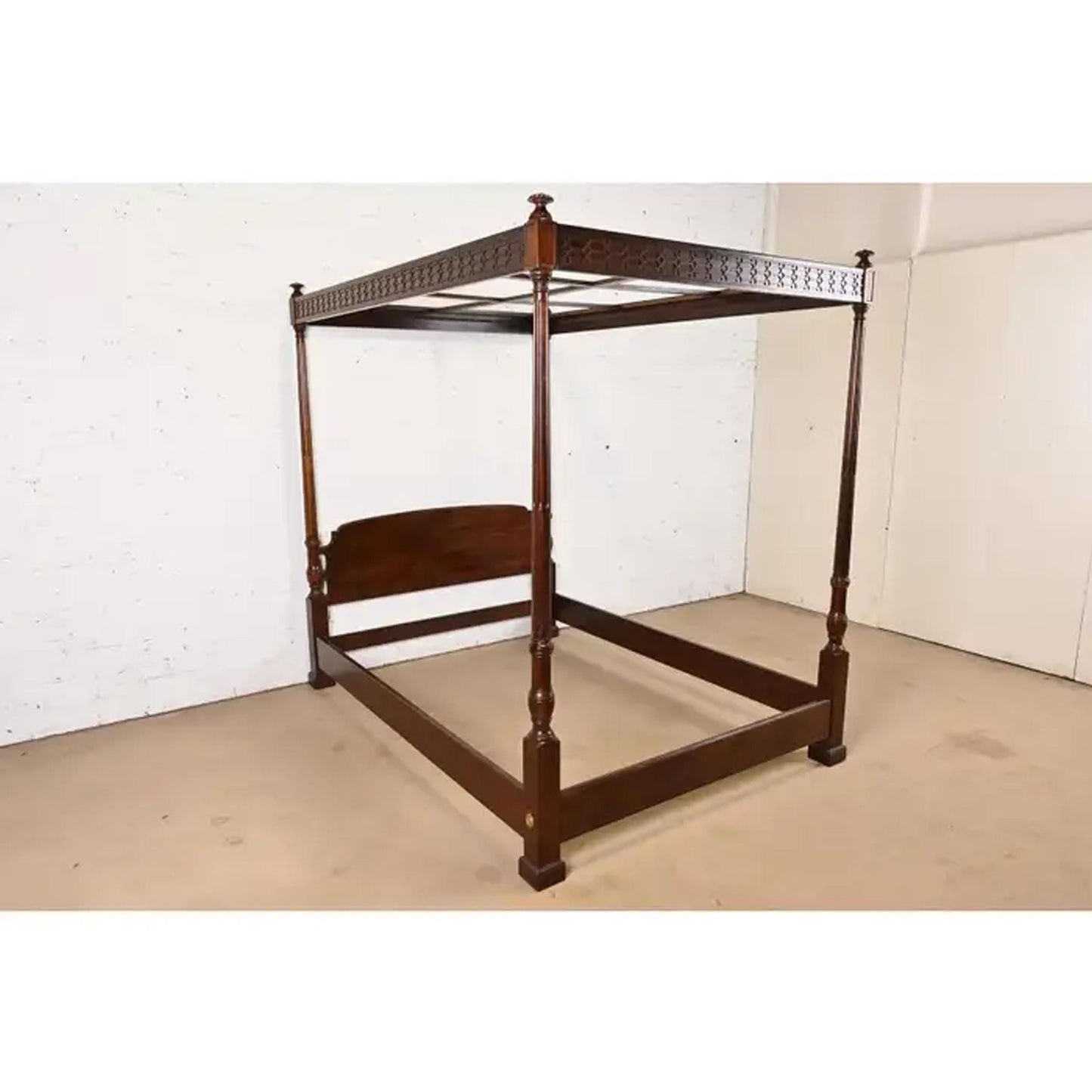 Handmade Carved Mahogany Canopy Bed: Mid-Century Modern King/Queen