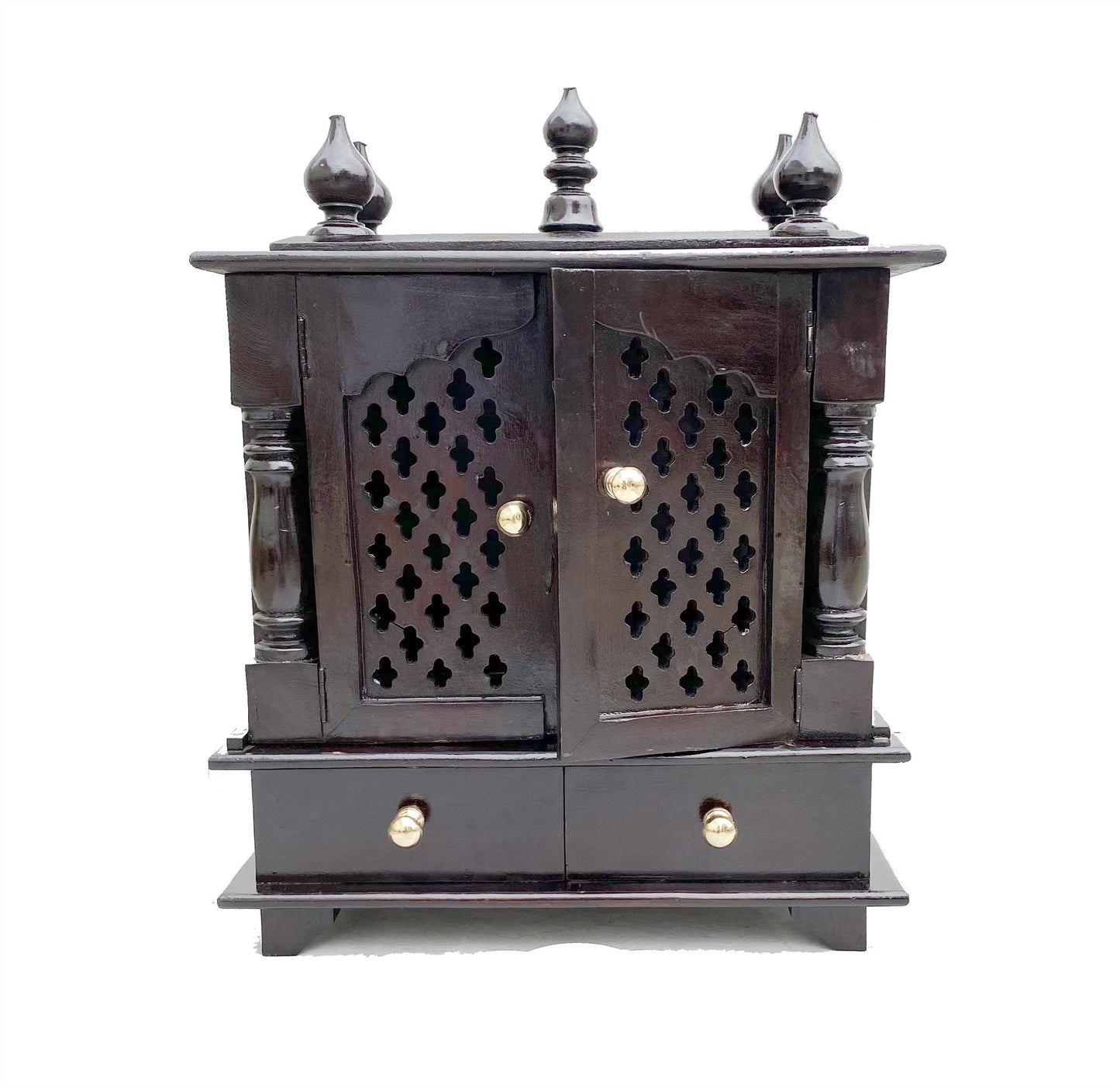 Handmade Walnut Wood Temple Mandir: 2-Shelf Wooden Shrine