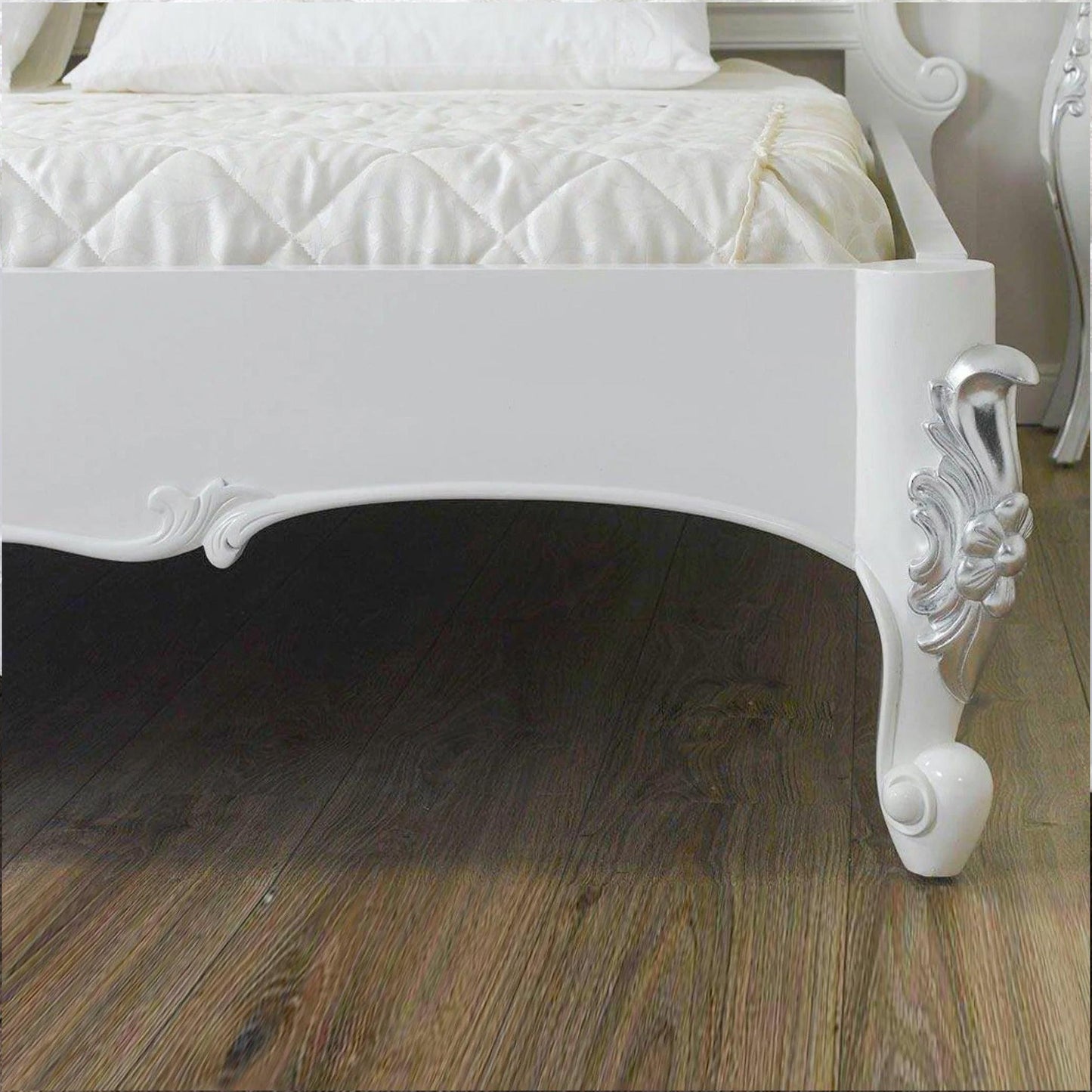 Louis XV Style Bed Frame: White & Silver Giltwood, Tufted Headboard