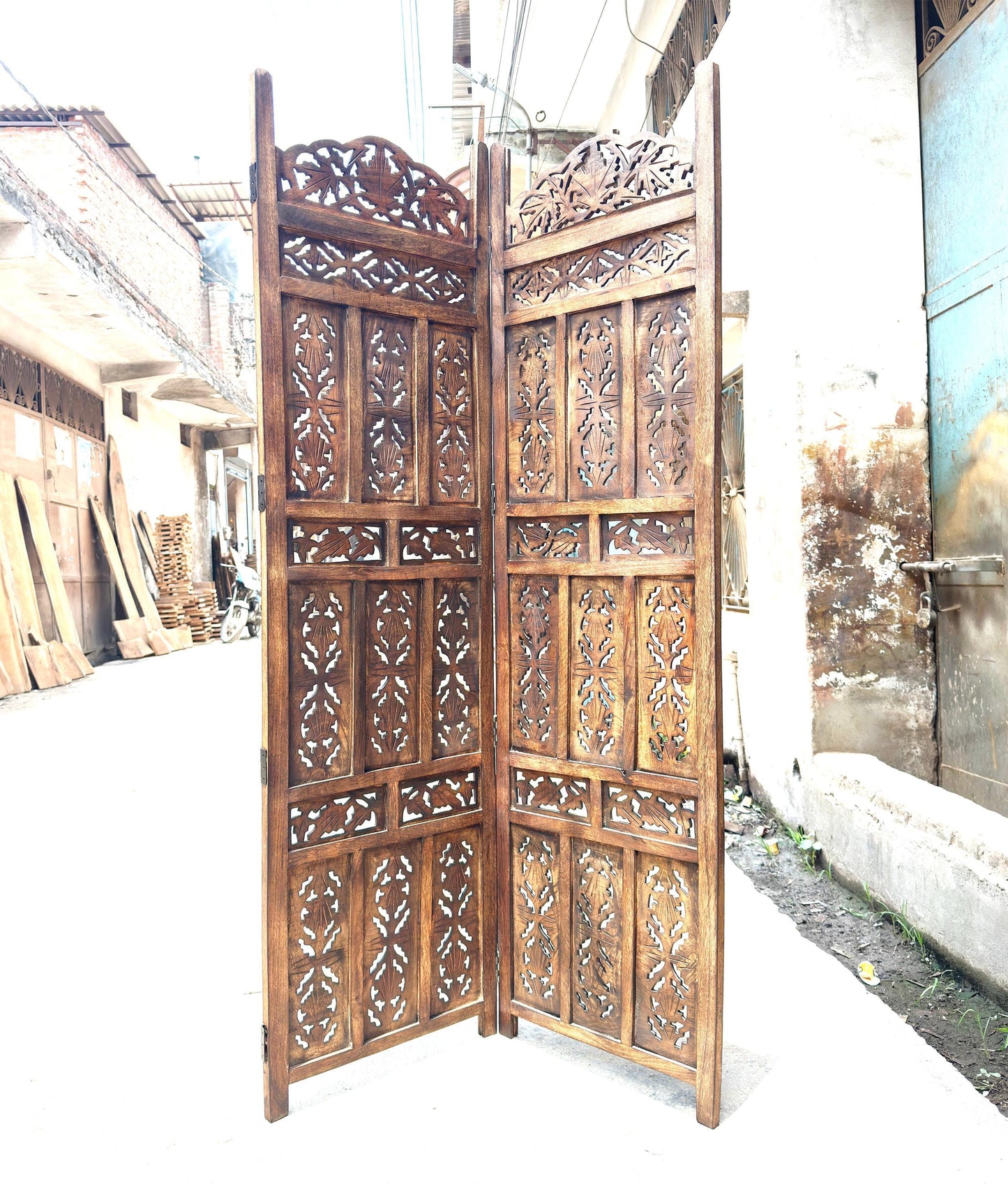 Mid-Century Modern Folding Wooden Room Divider: Handmade Carving Design