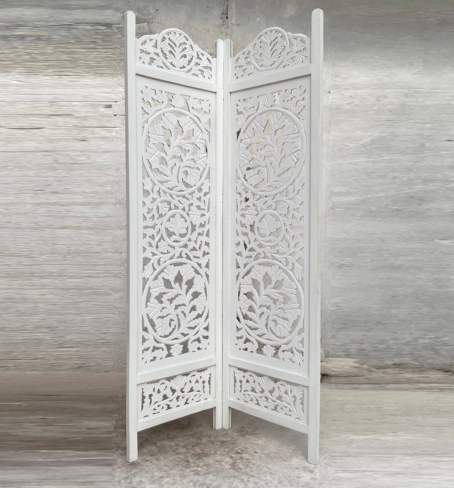 Handmade Lotus Wooden Folding Room Divider: White Carved Screen