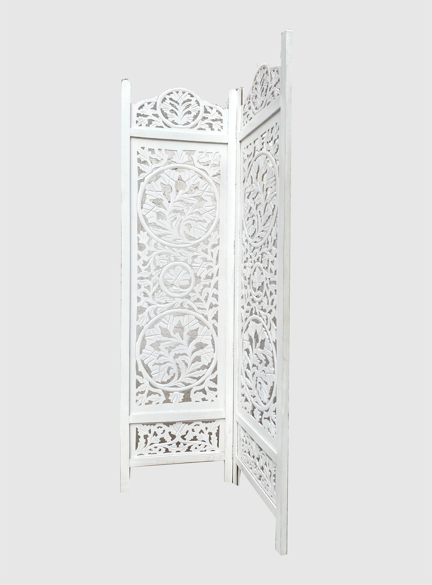 Handmade Lotus Wooden Folding Room Divider: White Carved Screen