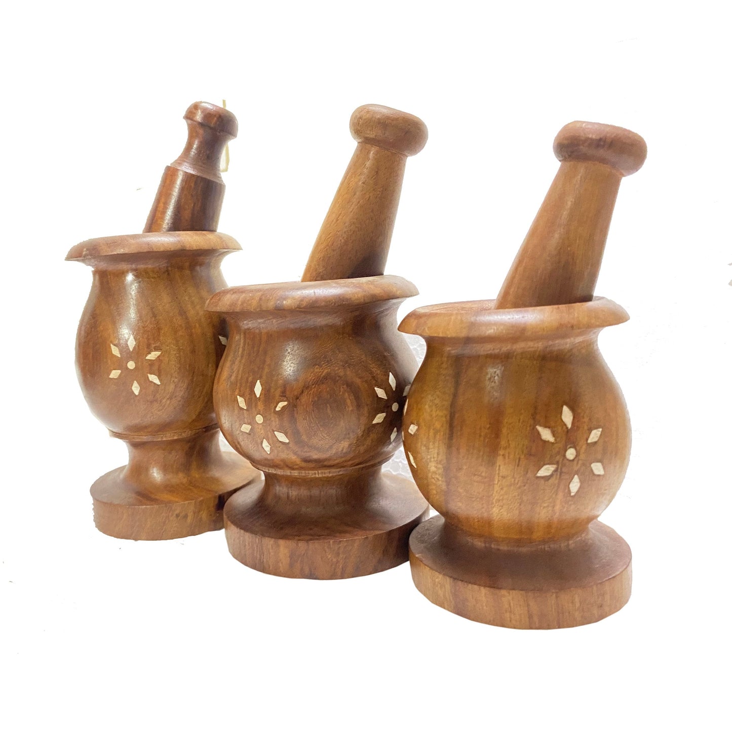 3 x Wooden mortar & pestle set, handmade Flower engraved design spice grinder