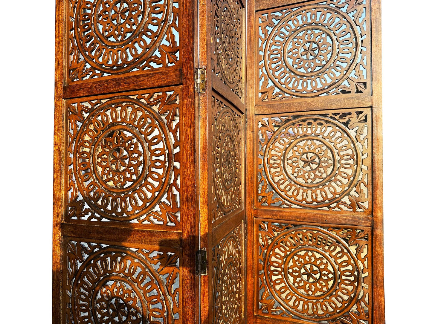 Mid-Century Modern Brown Wood Folding Room Divider: Carved Design