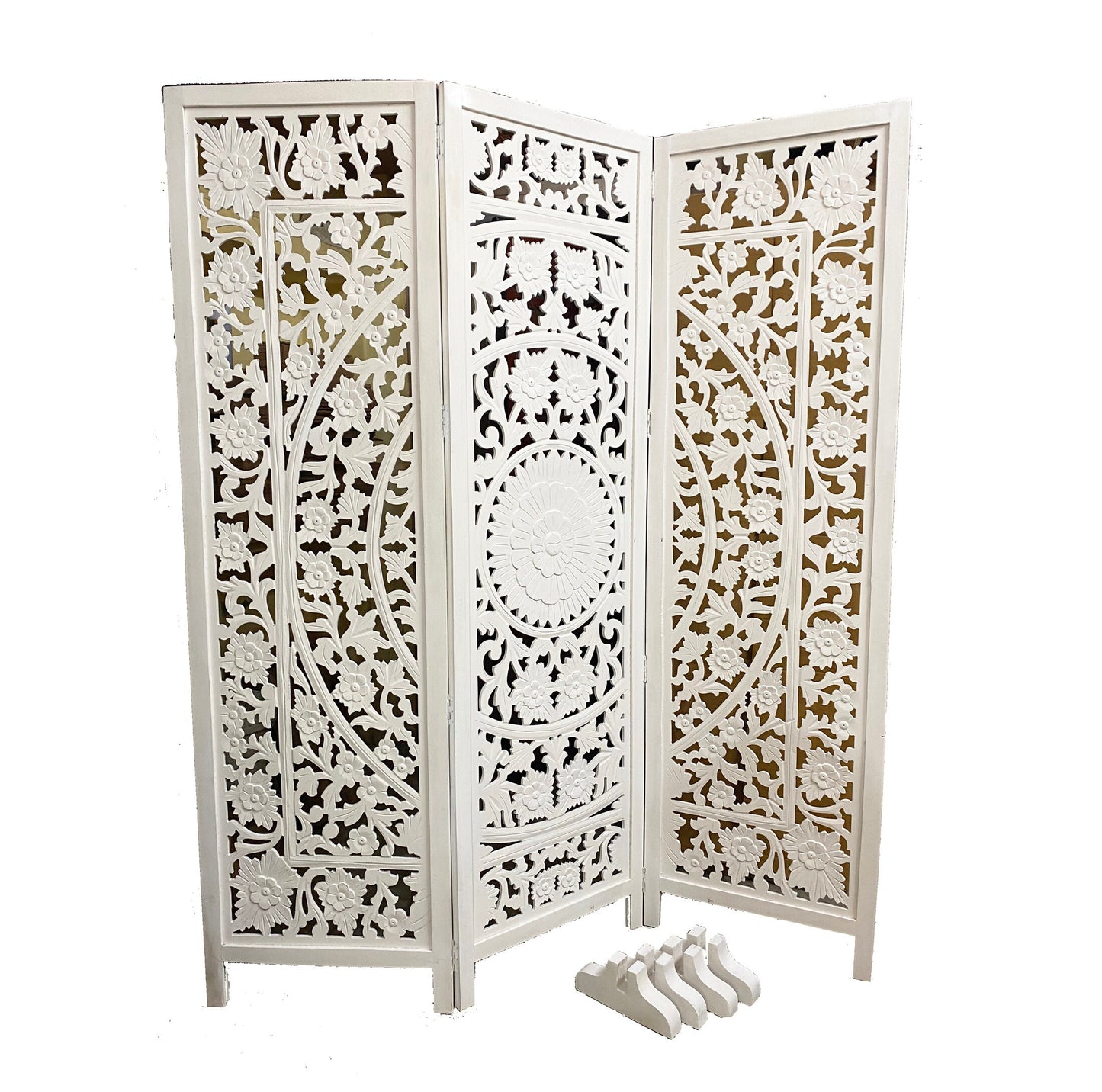 3 Panel Flower Design Partition, Handmade Wooden Folding screen Partition