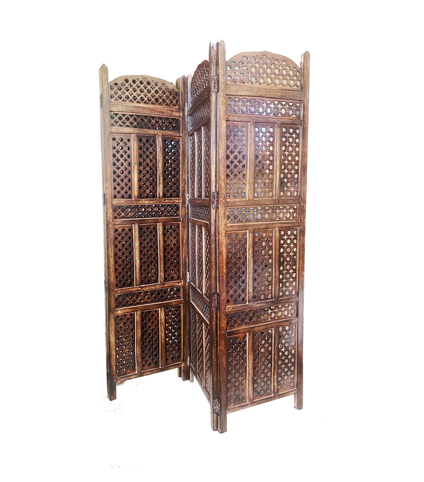 Mid century Mesh Design Round top Wooden Folding Divider, Partition, Handmade Self standing separator