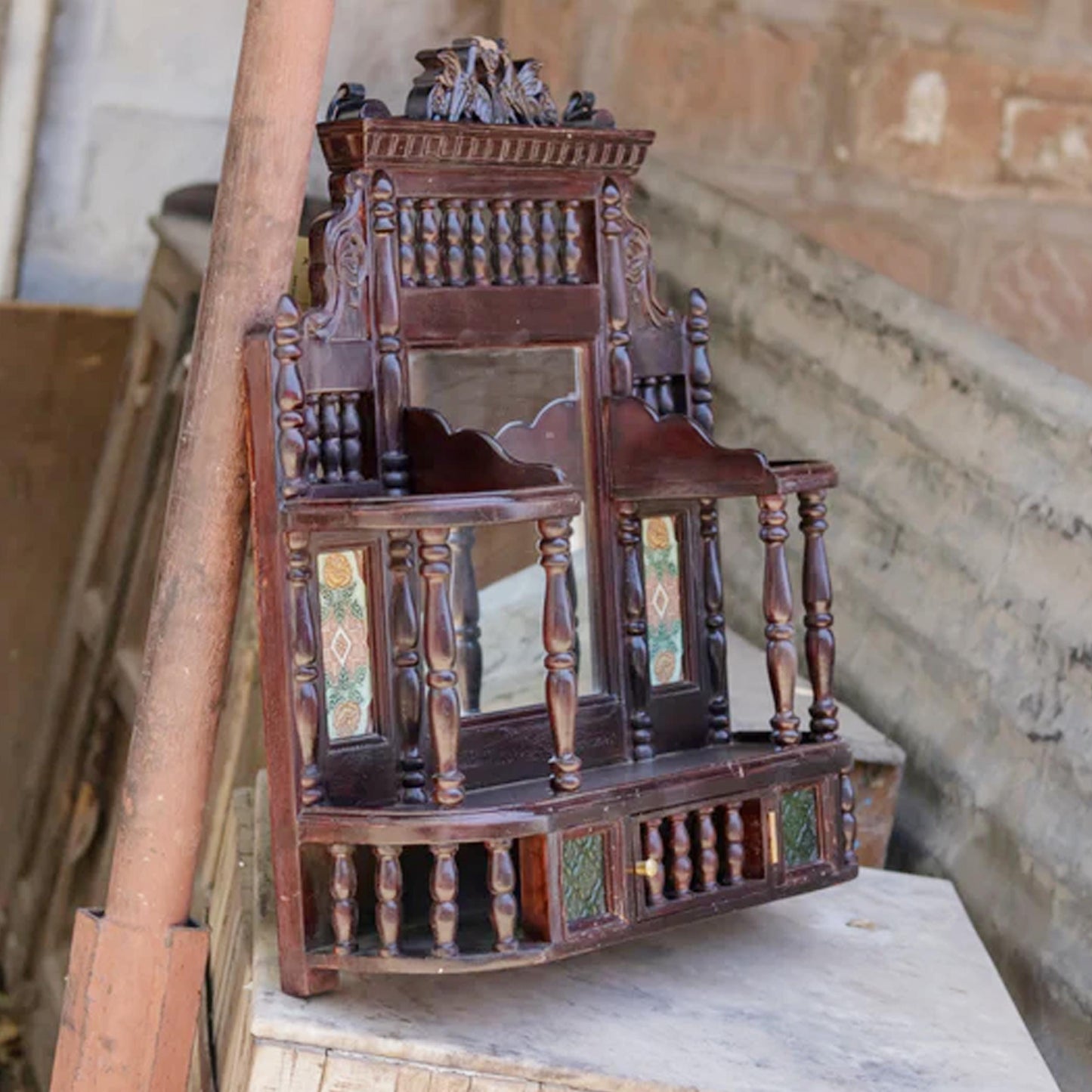 Handmade Wooden Wall Mirror with Storage: Carved Wood Decor