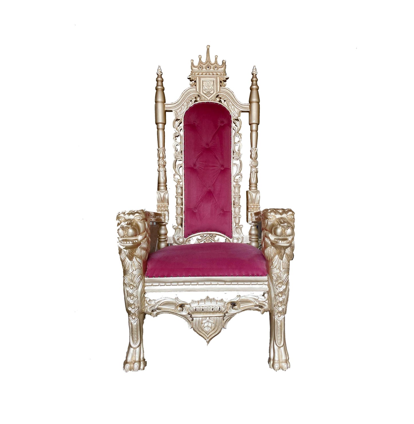 Hand Carved Gold Lion Throne Chair: Rococo Style, Tufted Cushion