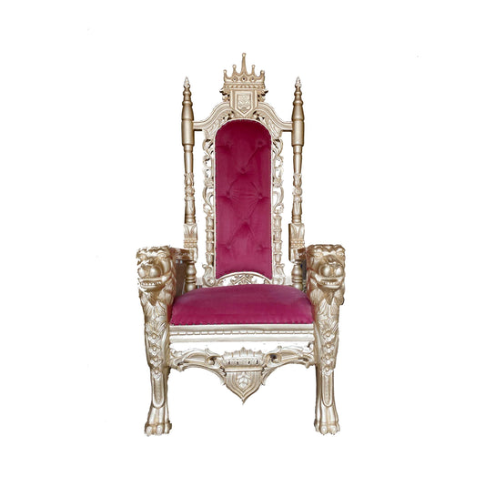 Hand Carved Gold Lion Throne Chair: Rococo Style, Tufted Cushion