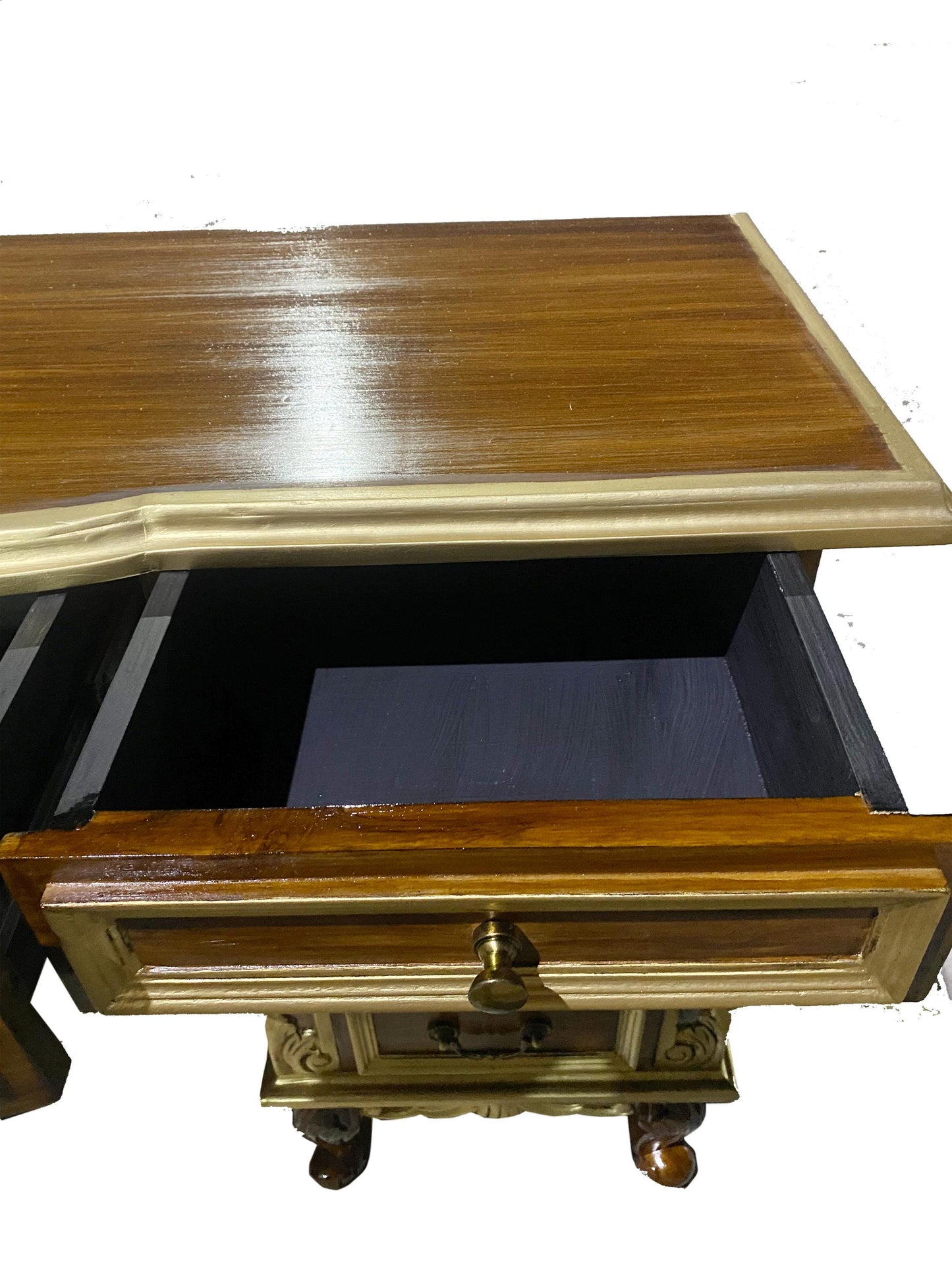 Hand Carved Teak Console Table: Mid-Century Modern Brown & Gold Accent