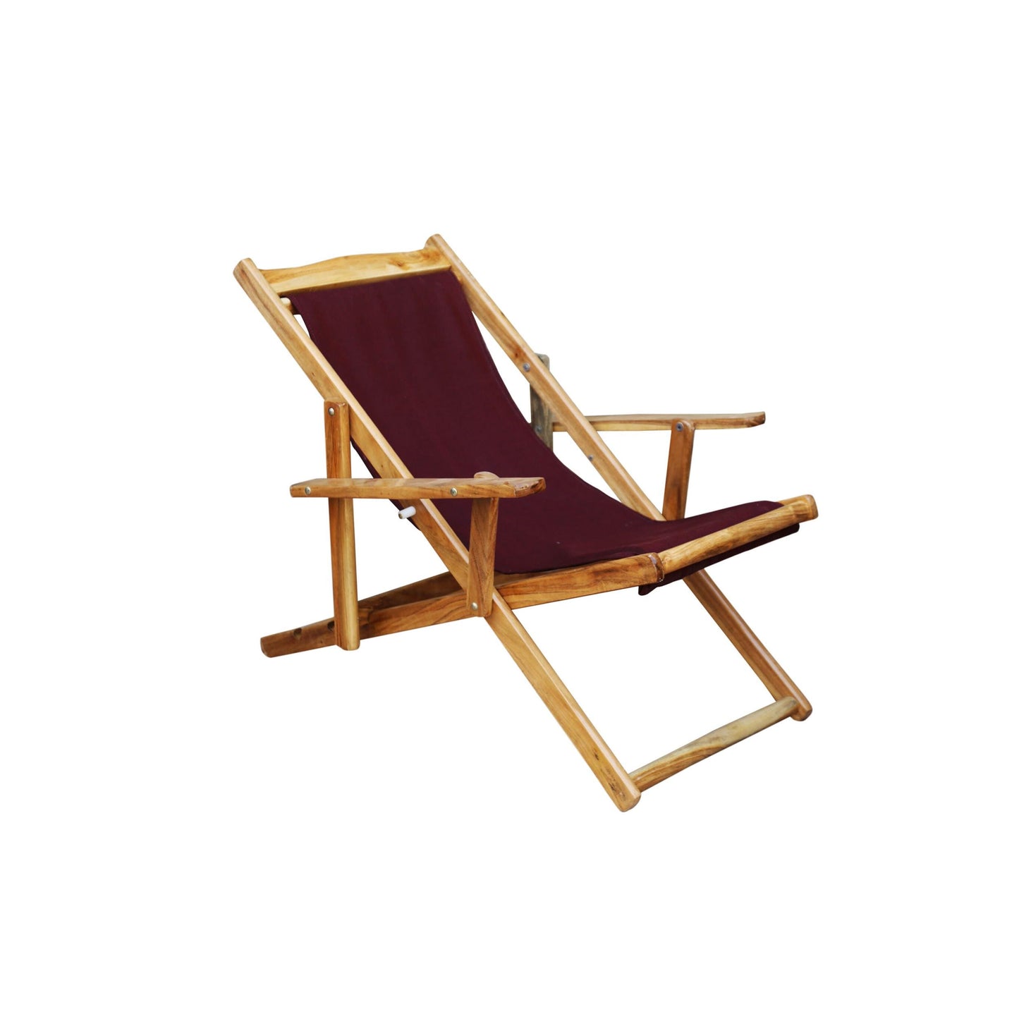Handmade Teak & Maroon Fabric Folding Chair: Mid-Century Rococo Style
