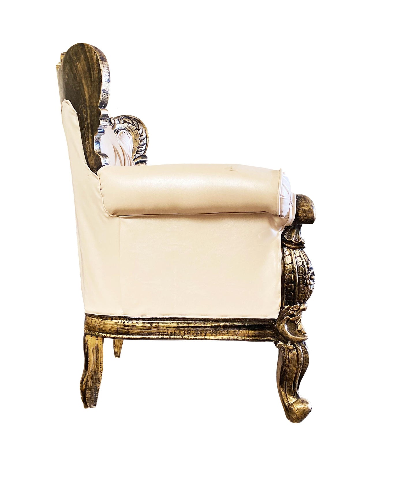 Hand Carved Louis XVI Sofa: Rustic Gold Teak, Cream Upholstery