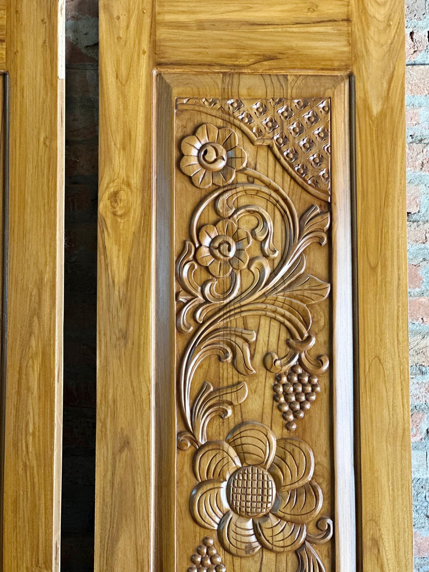 Hand Carved Teak Wood Door: Floral Wall Panel, Custom Size