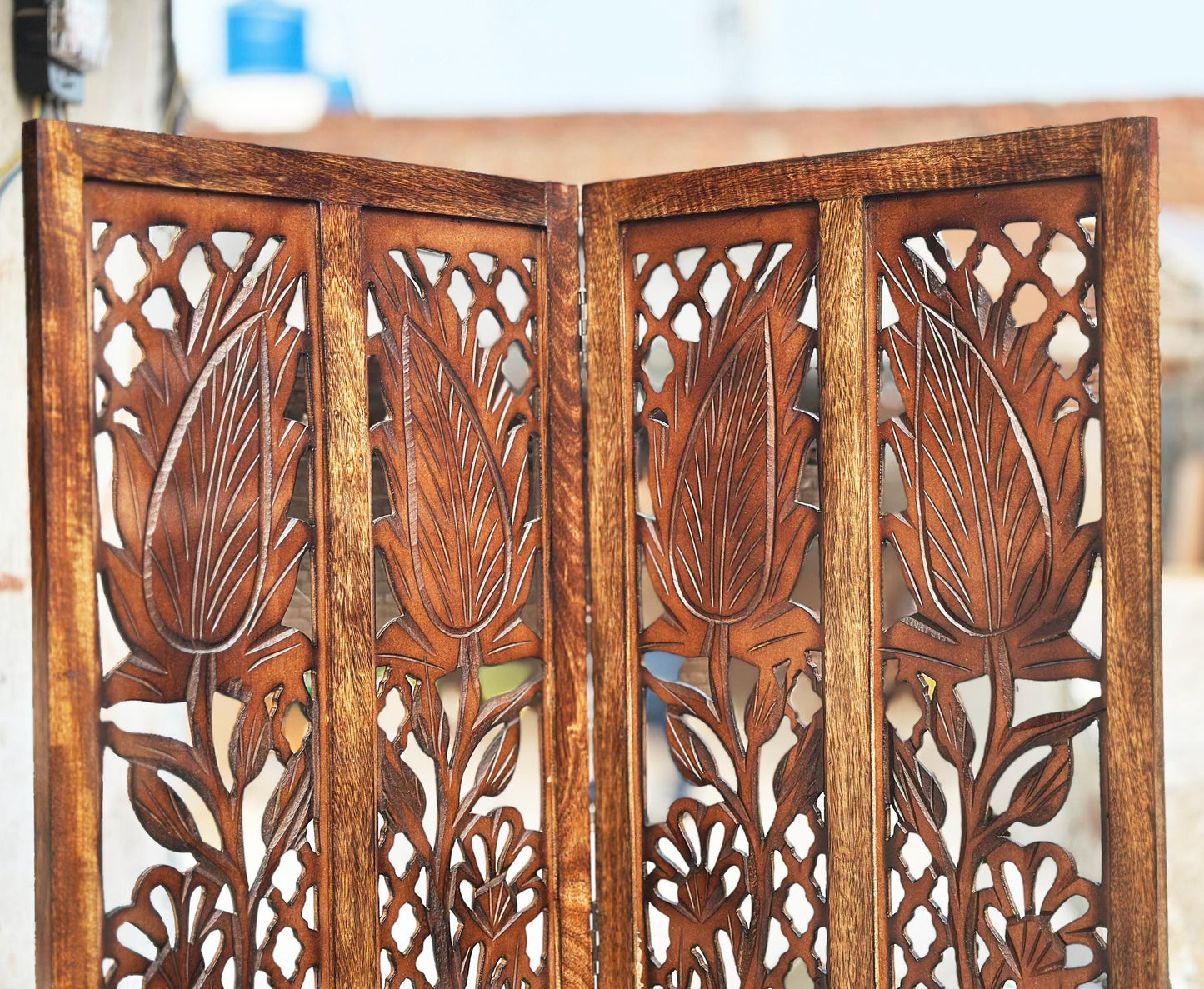 Mid century Brown Mesh Design Wooden Folding Divider, Partition, Handmade Self standing screen