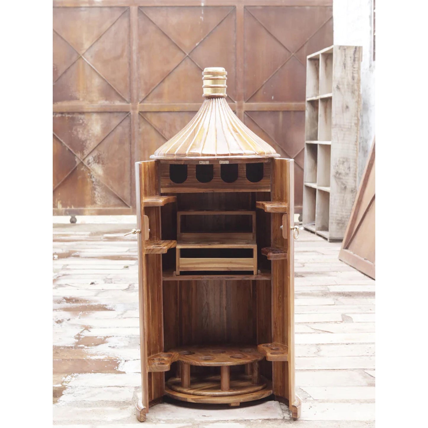 Mid Century Bar Cabinet: Teak Wood Bottle Console - Hand Painted