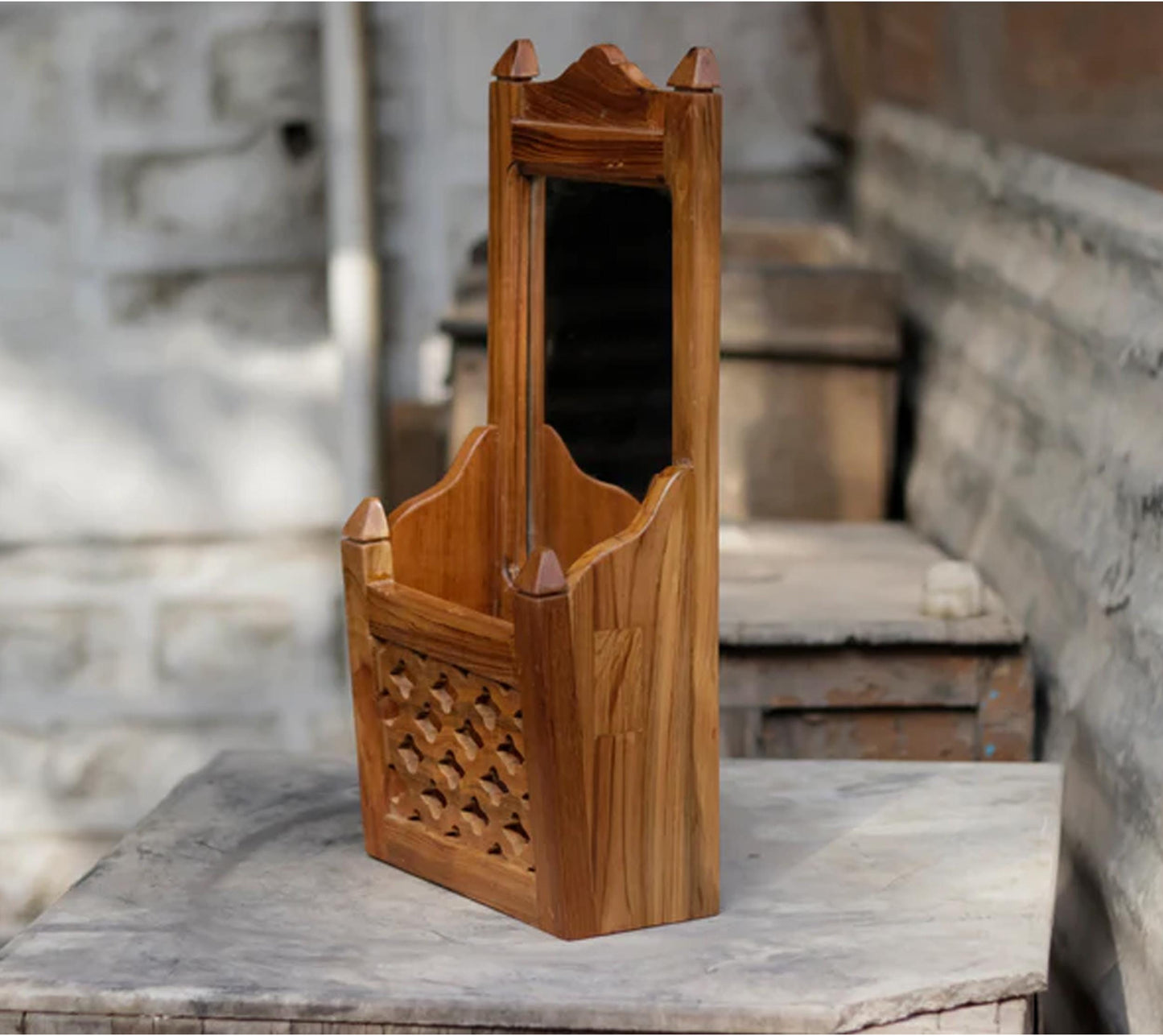 Handmade Wood Wall Hanging Mirror with Shelf: Mid-Century Organizer