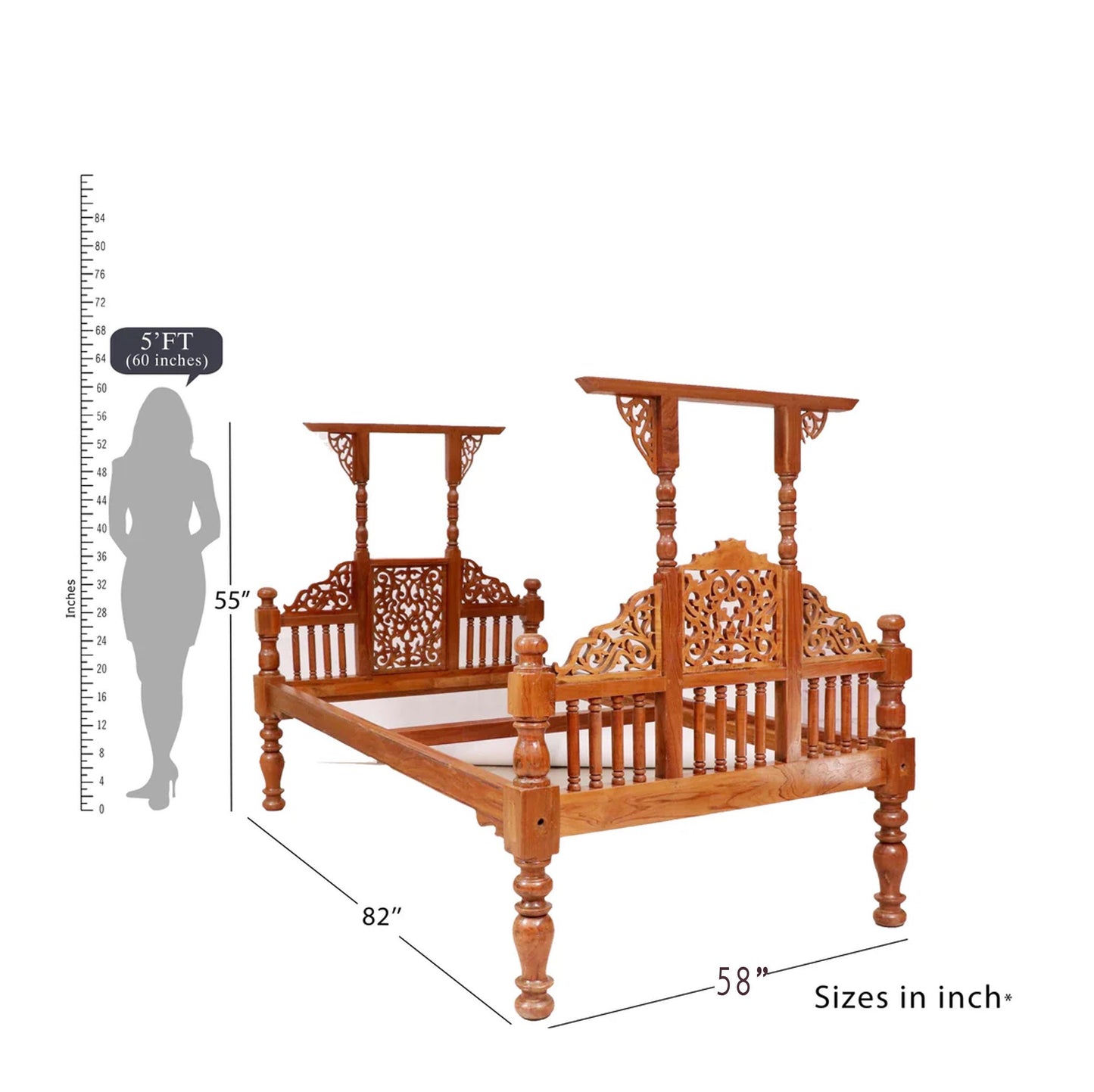 Hand Carved Giltwood King Bed: Louis XV Style Teak Frame