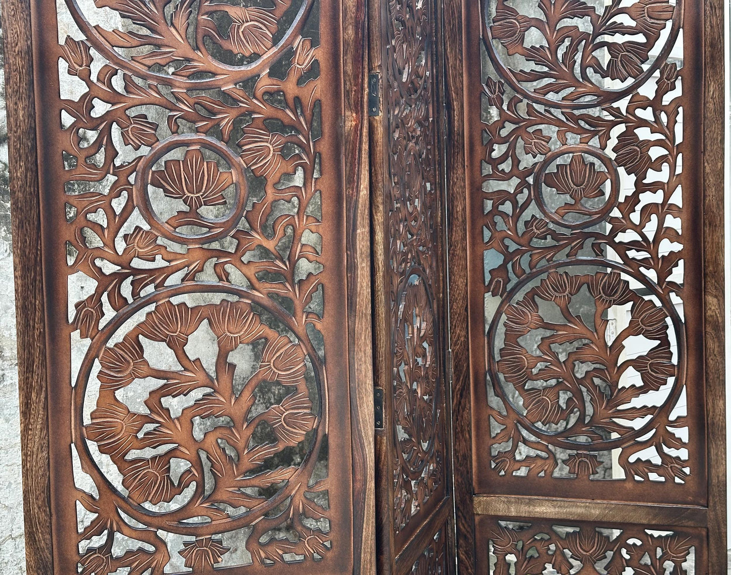 Handmade Lotus Wood Folding Room Divider: Brown Partition Screen