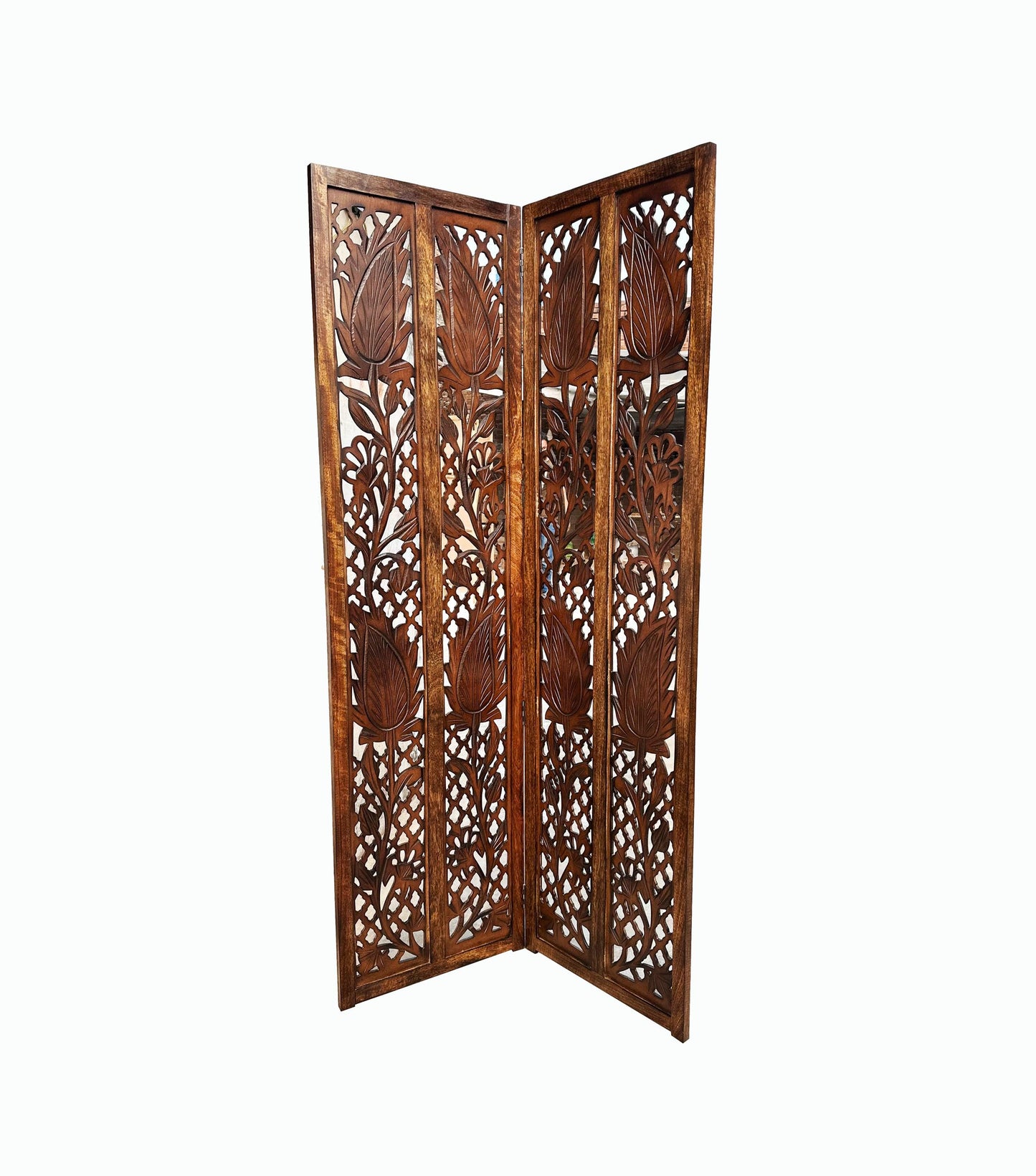 Mid century Brown Mesh Design Wooden Folding Divider, Partition, Handmade Self standing screen