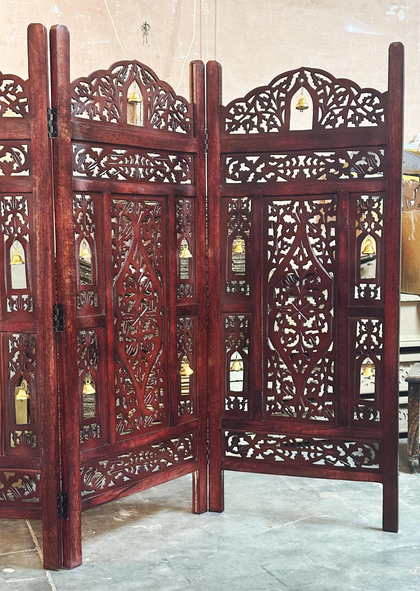 Mesh and Bell Style Wooden Folding Divider, Partition, Handmade Self standing separator