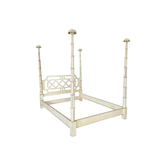 Handmade Carved Four-Poster Bed: Rustic White King/Queen Size