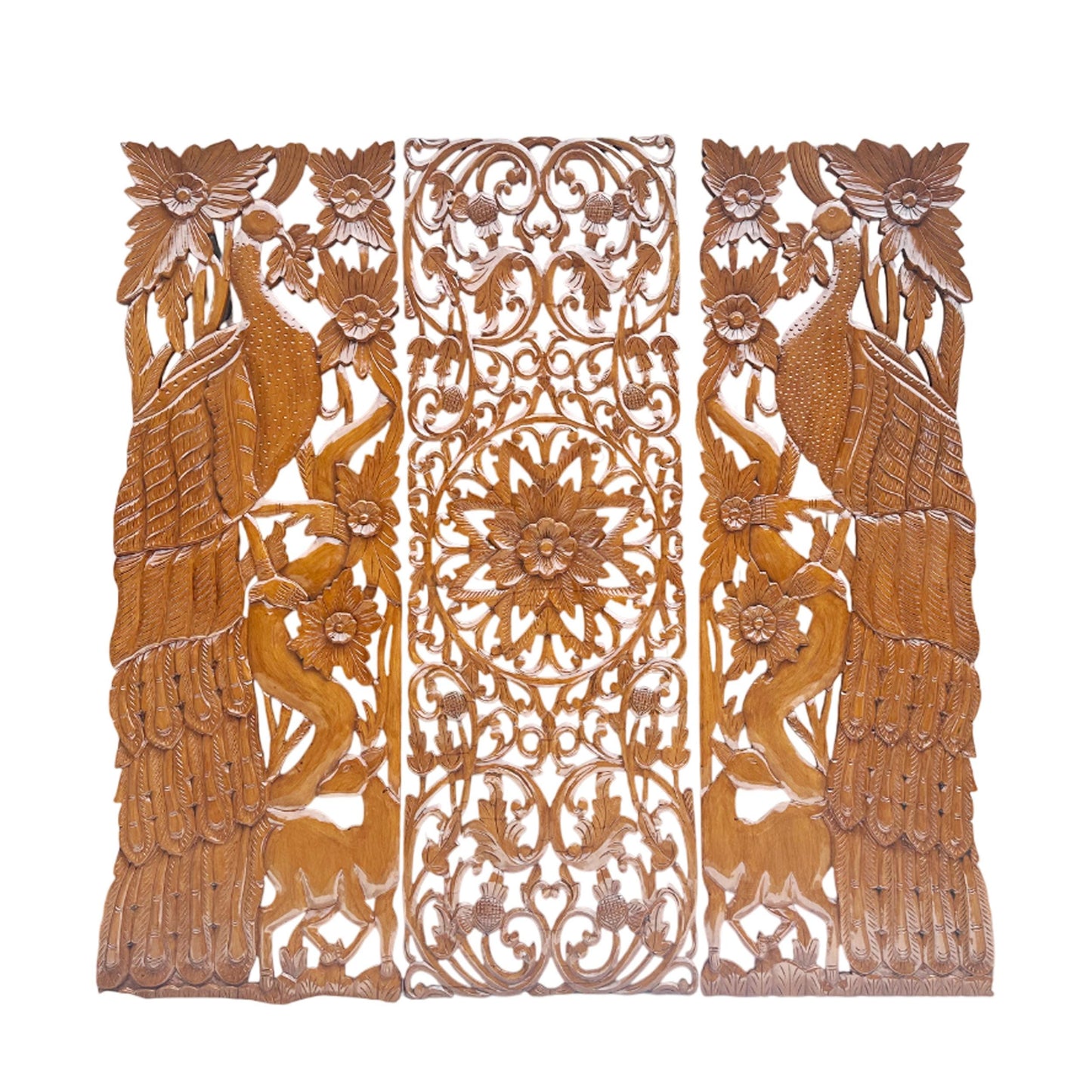 Hand Carved Wood Peacock & Flower Wall Decor - 7 ft Brown Hanging Fixture