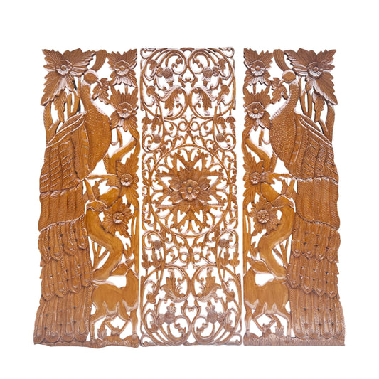Hand Carved Wood Peacock & Flower Wall Decor - 7 ft Brown Hanging Fixture