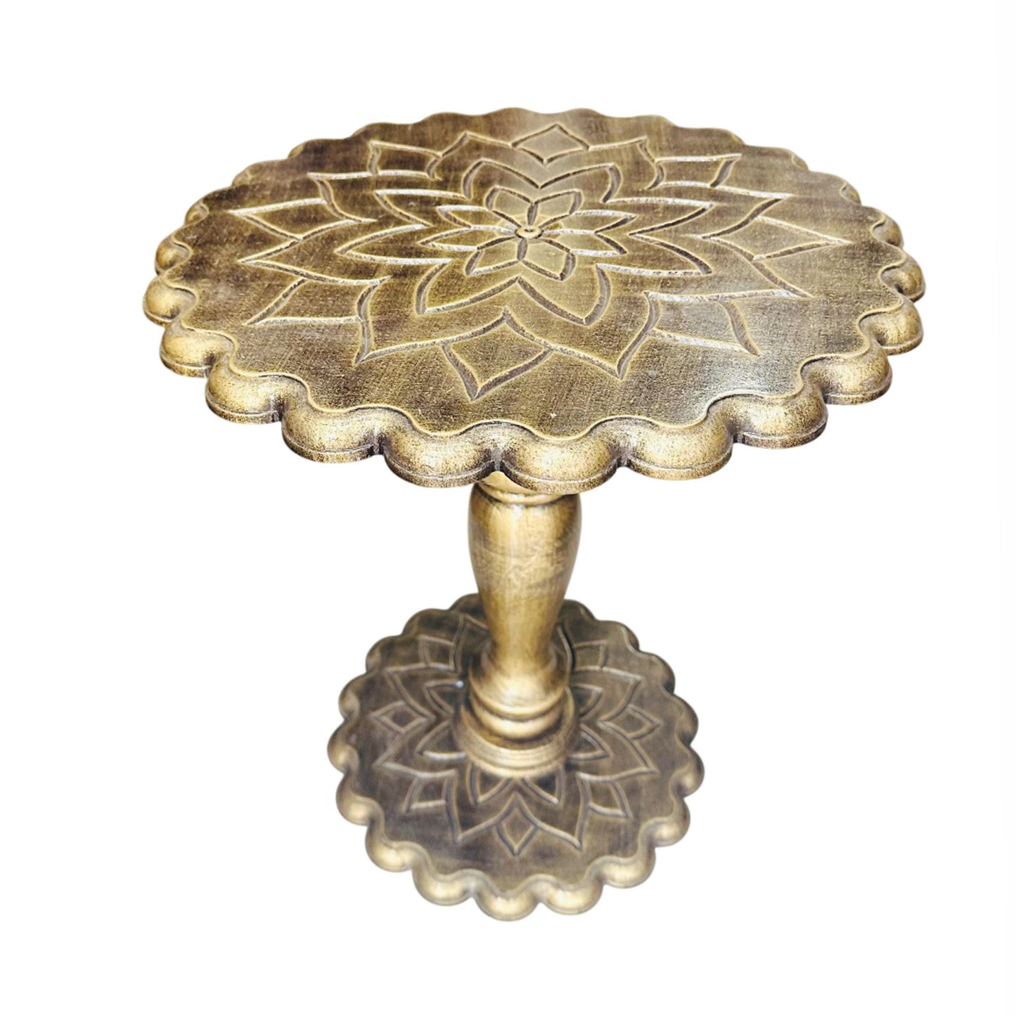 Hand Carved Mango Wood Coffee Table: lotus design rustic gold shade , folding design