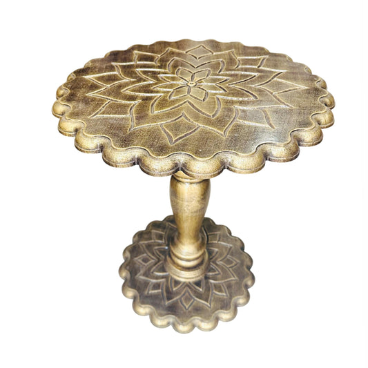 Hand Carved Mango Wood Coffee Table: lotus design rustic gold shade , folding design