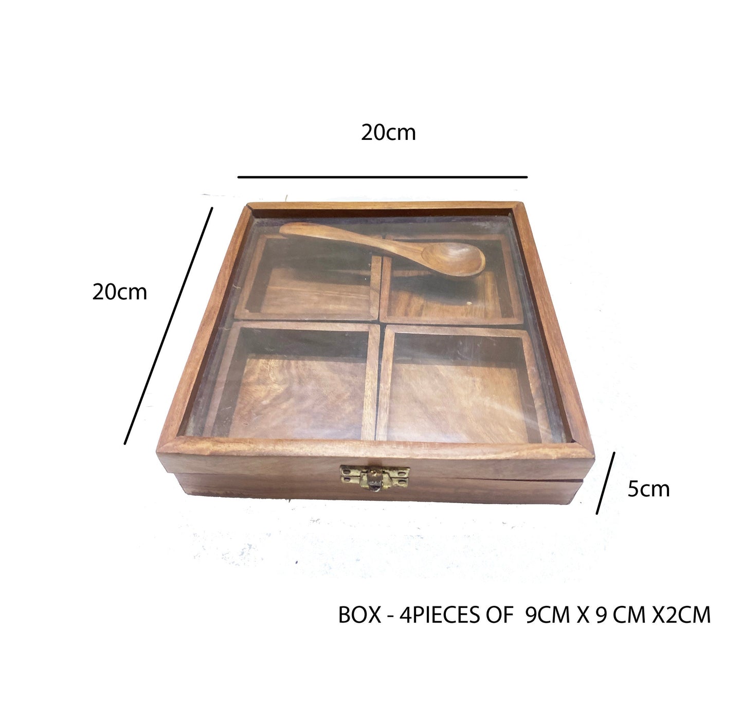 Handmade Table top box, Wooden Spice 4 container set with spoon