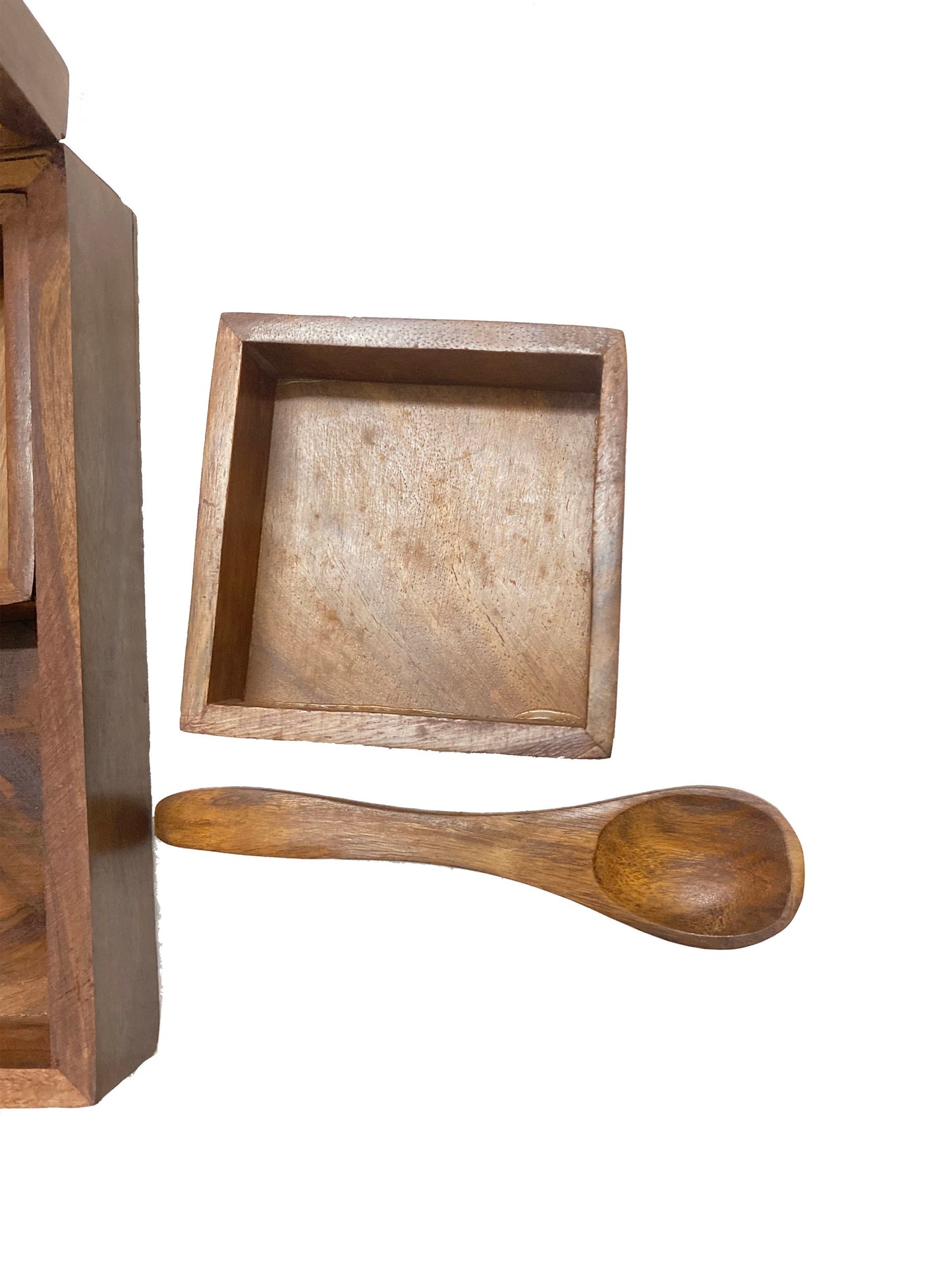 Handmade Table top box, Wooden Spice 4 container set with spoon