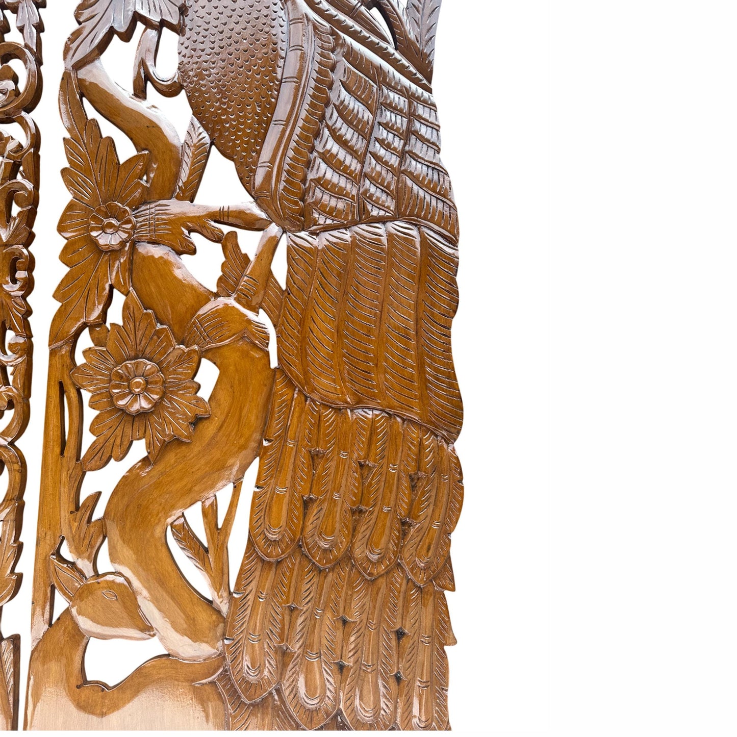 Hand Carved Wood Peacock & Flower Wall Decor - 7 ft Brown Hanging Fixture