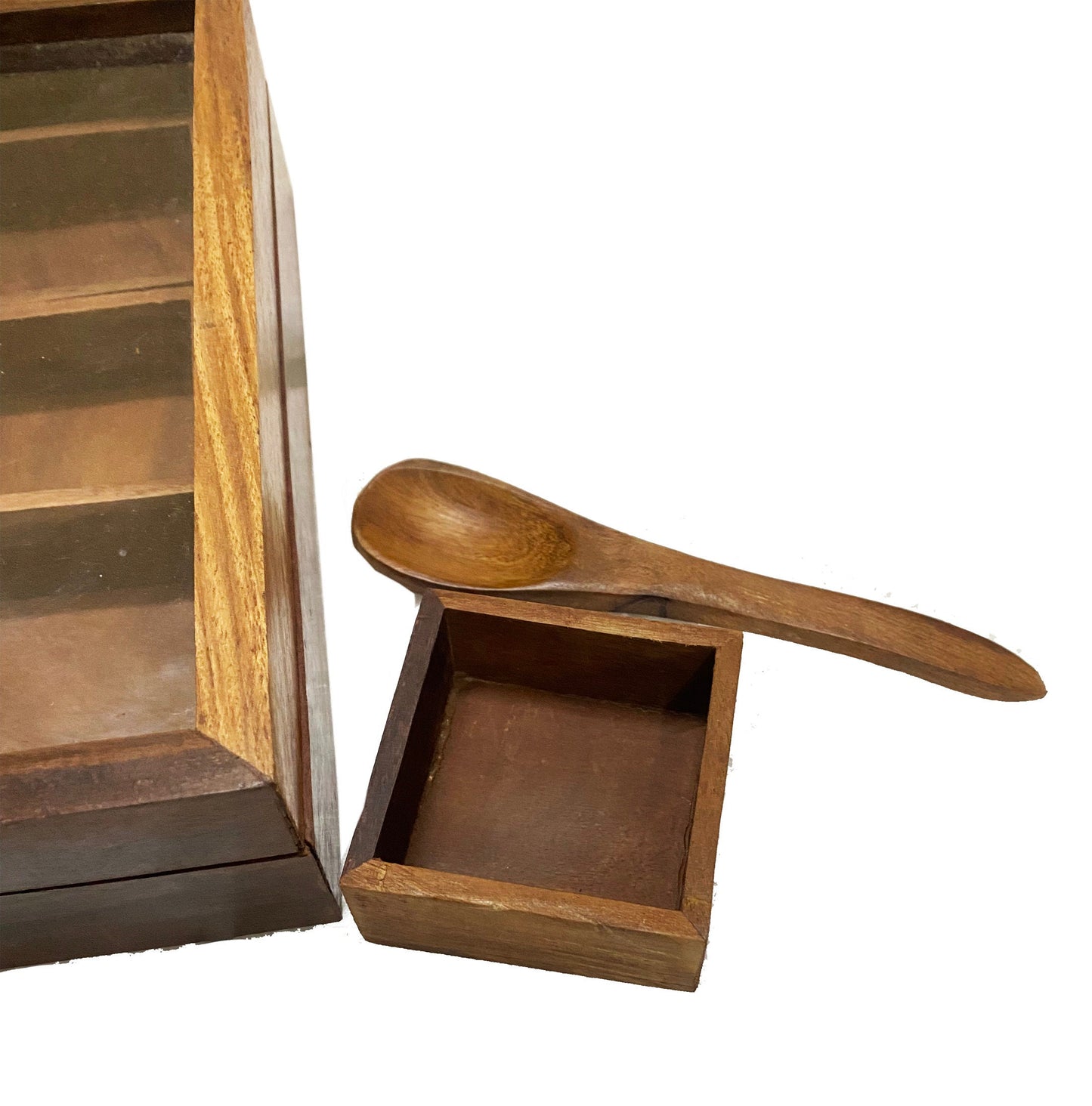 Handmade Table top box, Wooden Spice 9 container set with spoon