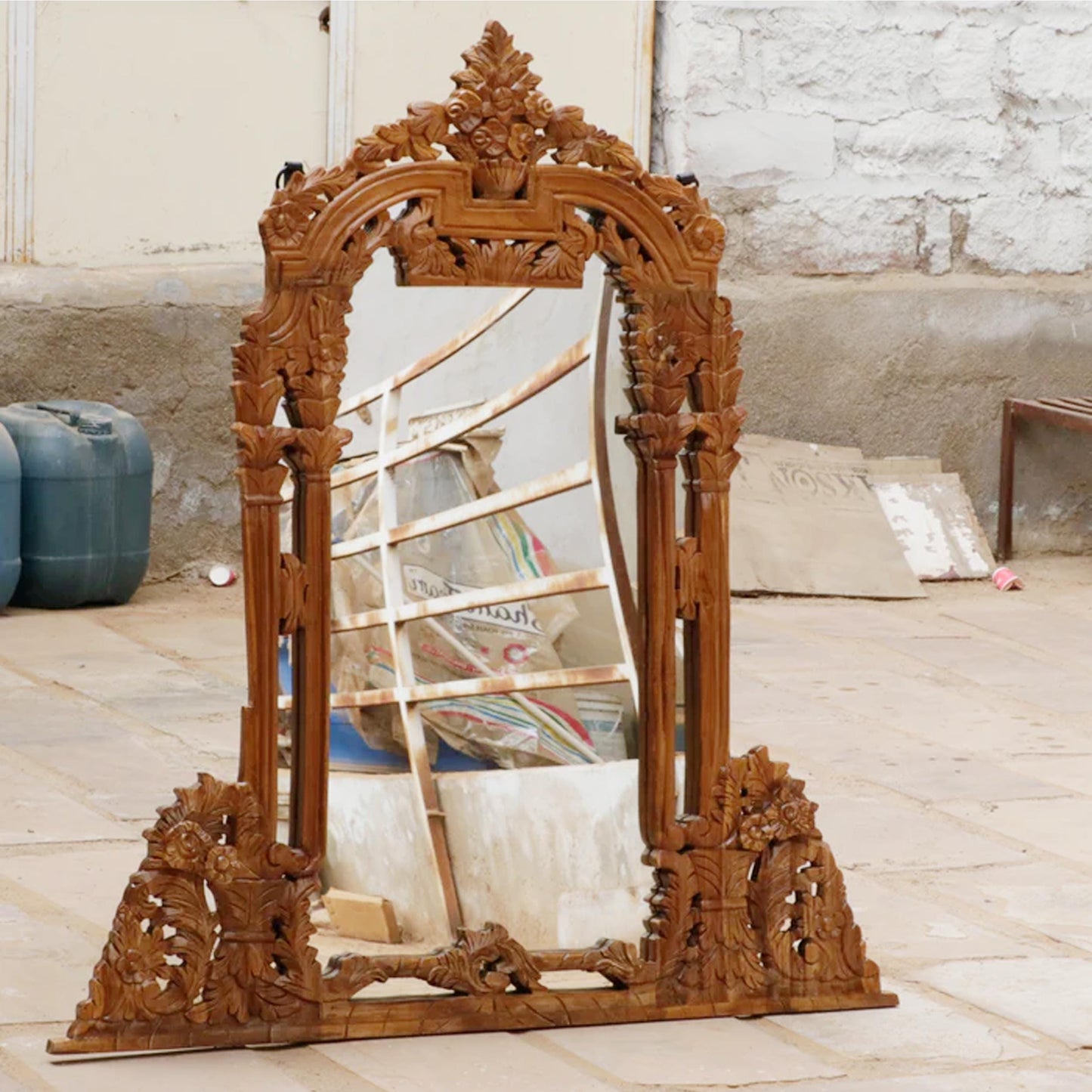 Hand Carved Wood Wall Mirror: Mid-Century Modern Decor (48x37 Inches