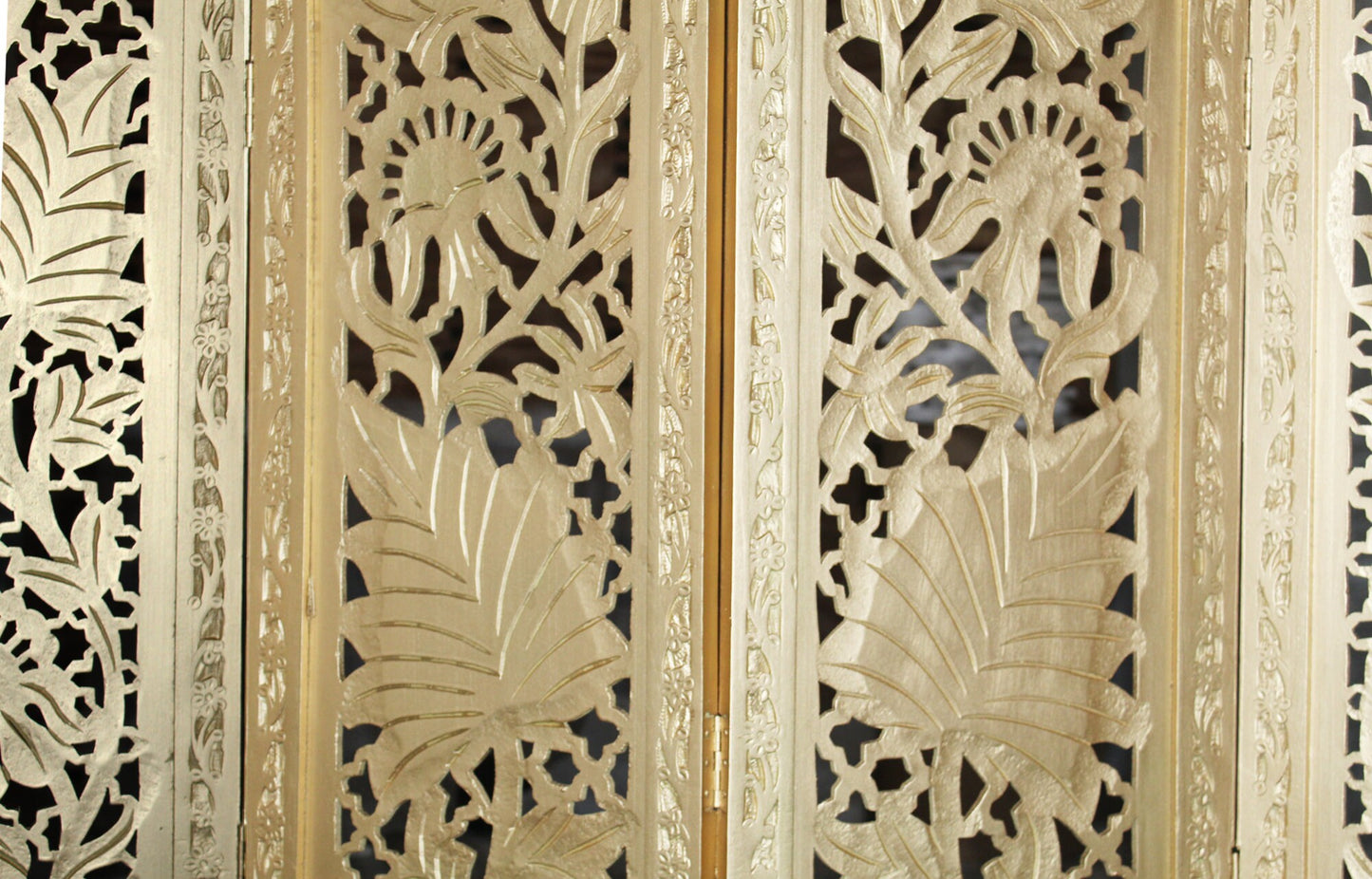 Mid Century Gold Floral Room Divider: Handmade Wooden Partition Screen