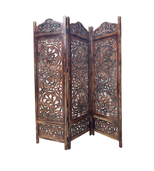 Handmade Lotus Wood Folding Room Divider: Brown Partition Screen