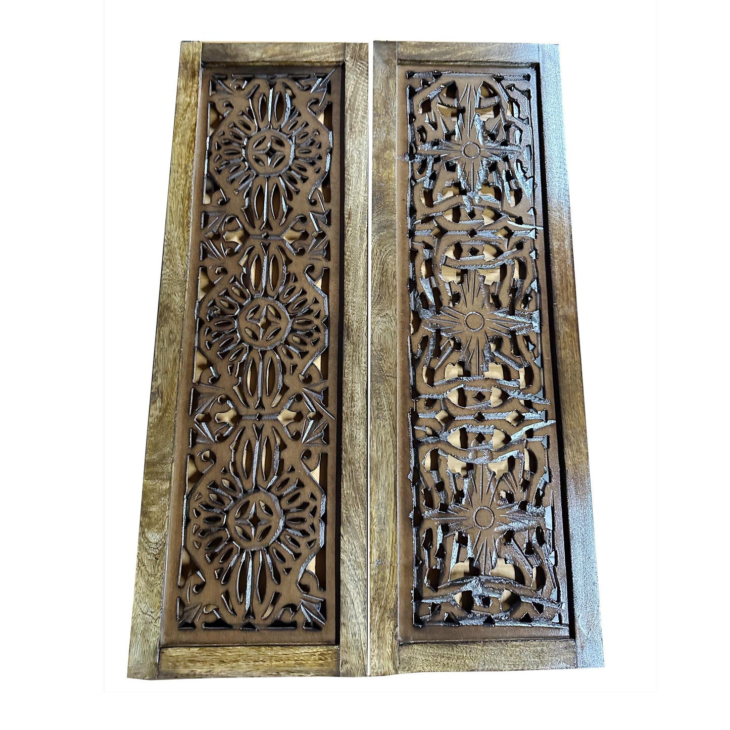Mid-Century Modern Wood Wall Panel: Brown Flower Carving, 72x24 Inches