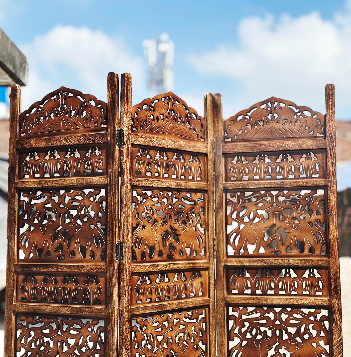 Elephants design Wooden Folding Divider, 7 Feet tall Folding Partition, Handmade Self standing separator