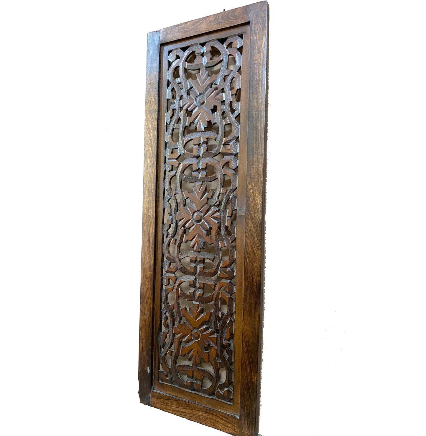 2 pcs Mid century Brown Flower carving design Wall Panel Hanging Mandola art fixture
