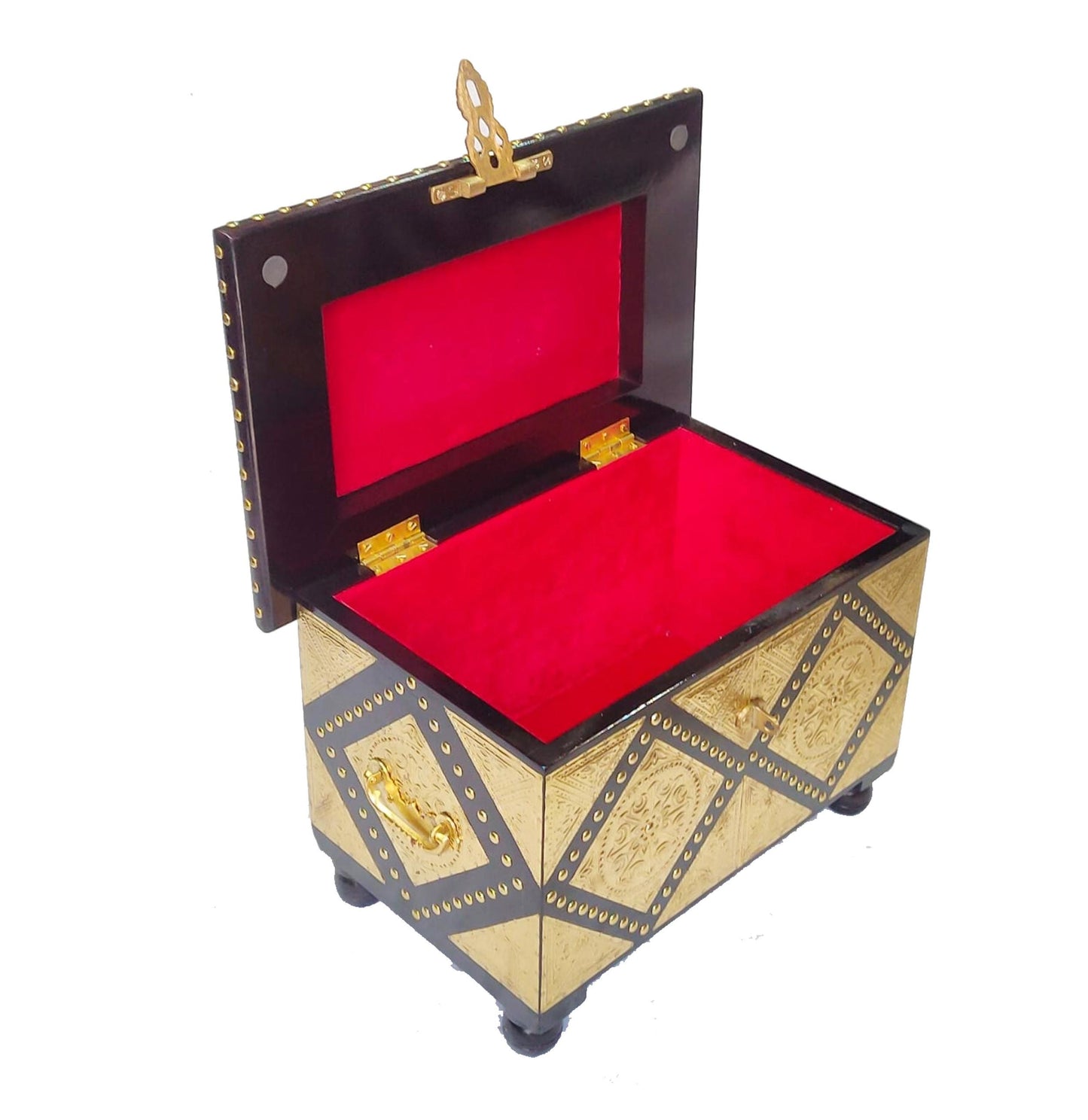 Handmade Wooden Treasure Chest: Hand Carved Brass Decor Storage Trunk