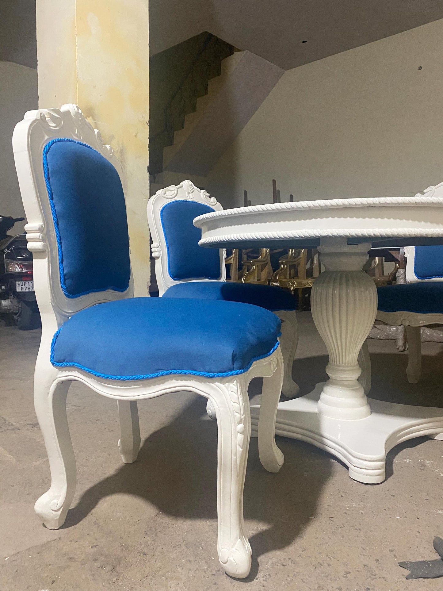 Hand Carved Rococo Dining Table & Blue Tufted Chairs - Off White