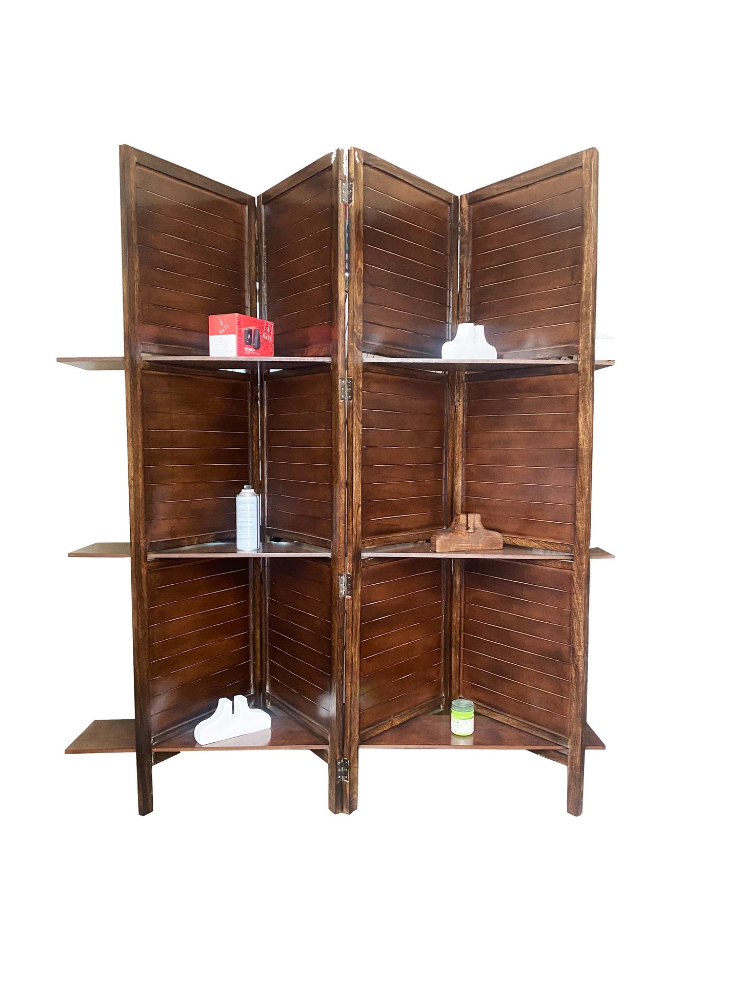 Handmade Wooden Folding Partition with Shelves: Brown Room Divider